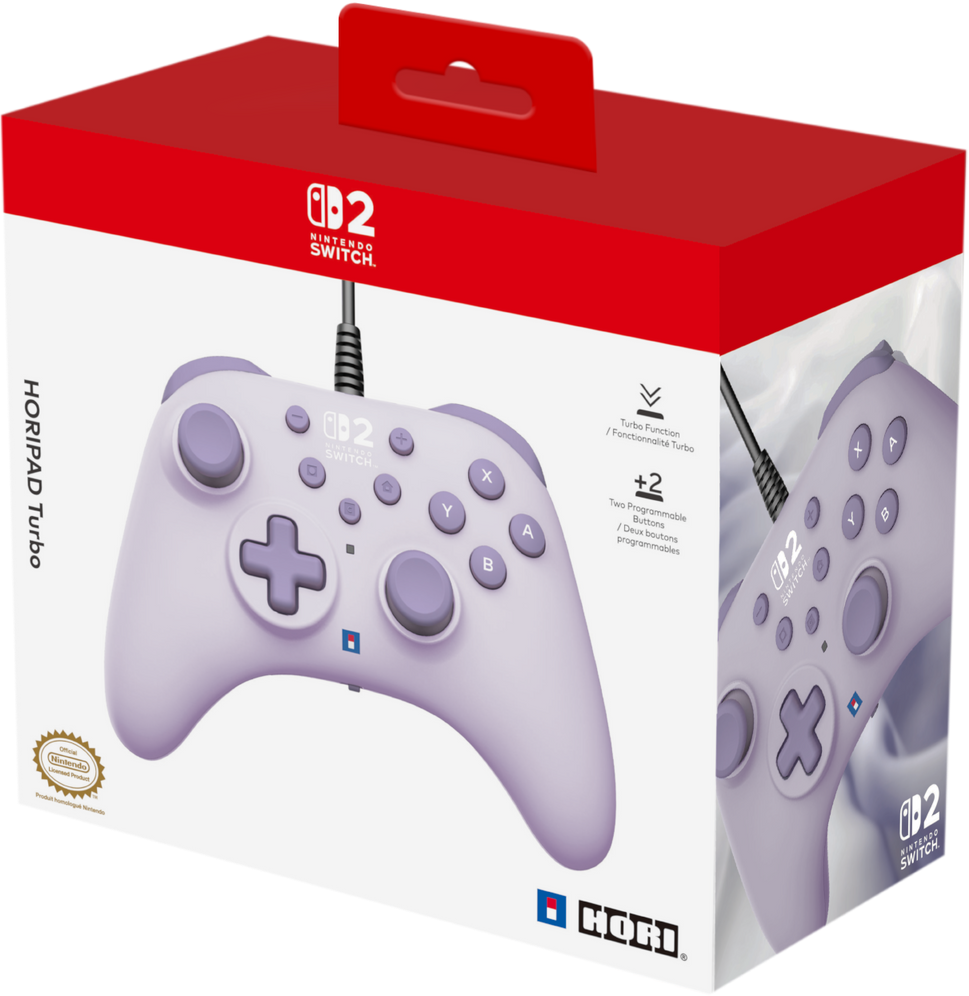 Une manette Nintendo Switch violette dans sa boîte. La boîte est rouge et blanche, montrant la manette et ses fonctionnalités.