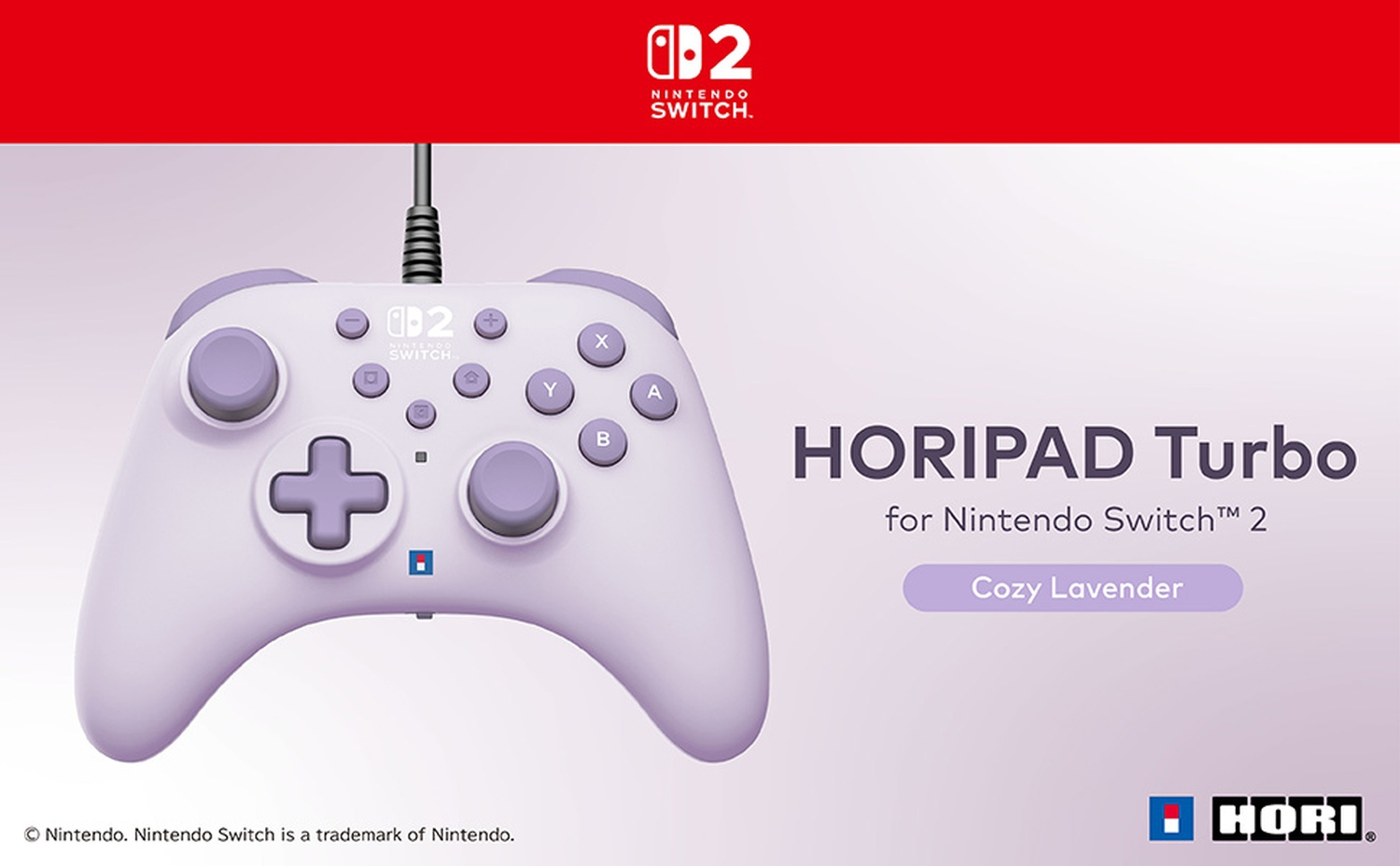 L'image montre une manette HoriPad Turbo violette pour Nintendo Switch 2, étiquetée 'Cozy Lavender'. Le fond est blanc et rouge.