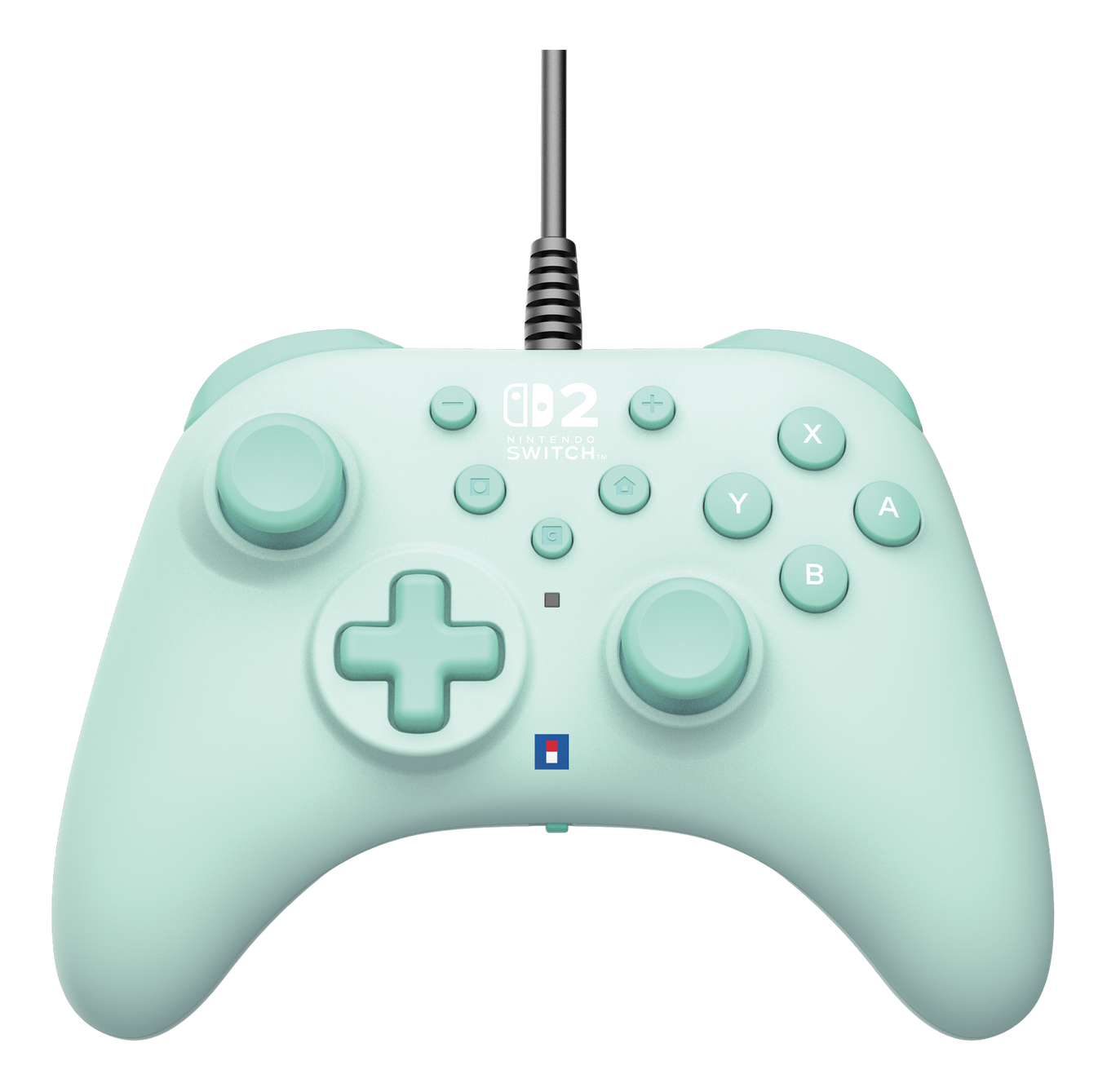 Une manette Nintendo Switch vert clair avec boutons et joysticks. Un câble noir est connecté en haut. Le fond est noir.