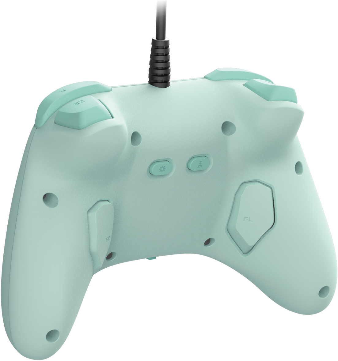Une manette de jeu vert clair avec des boutons, des gâchettes et un câble noir. Certains boutons sont également vert clair.