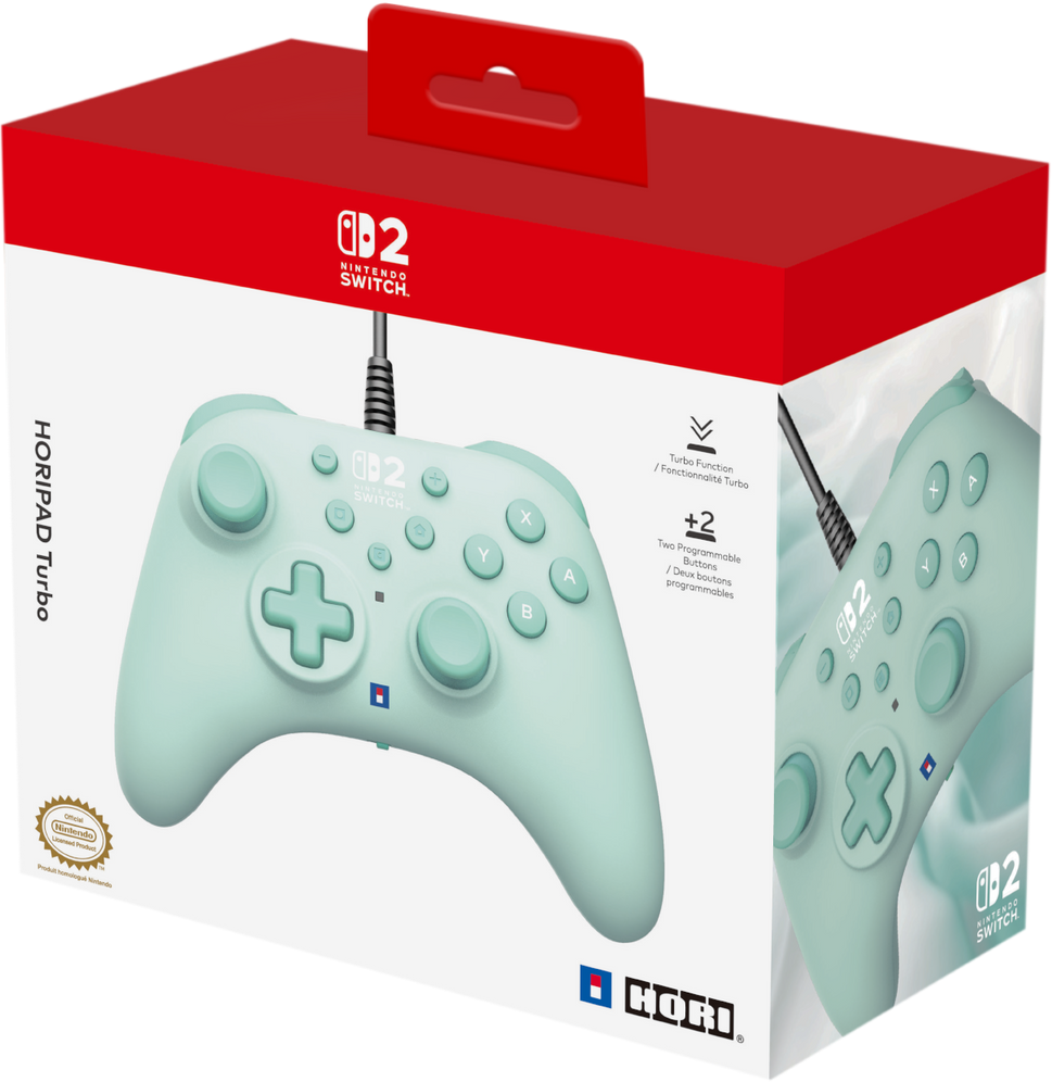 Une manette Nintendo Switch vert menthe dans une boîte avec une poignée rouge. La boîte indique HORIPAD Turbo et Nintendo Switch.