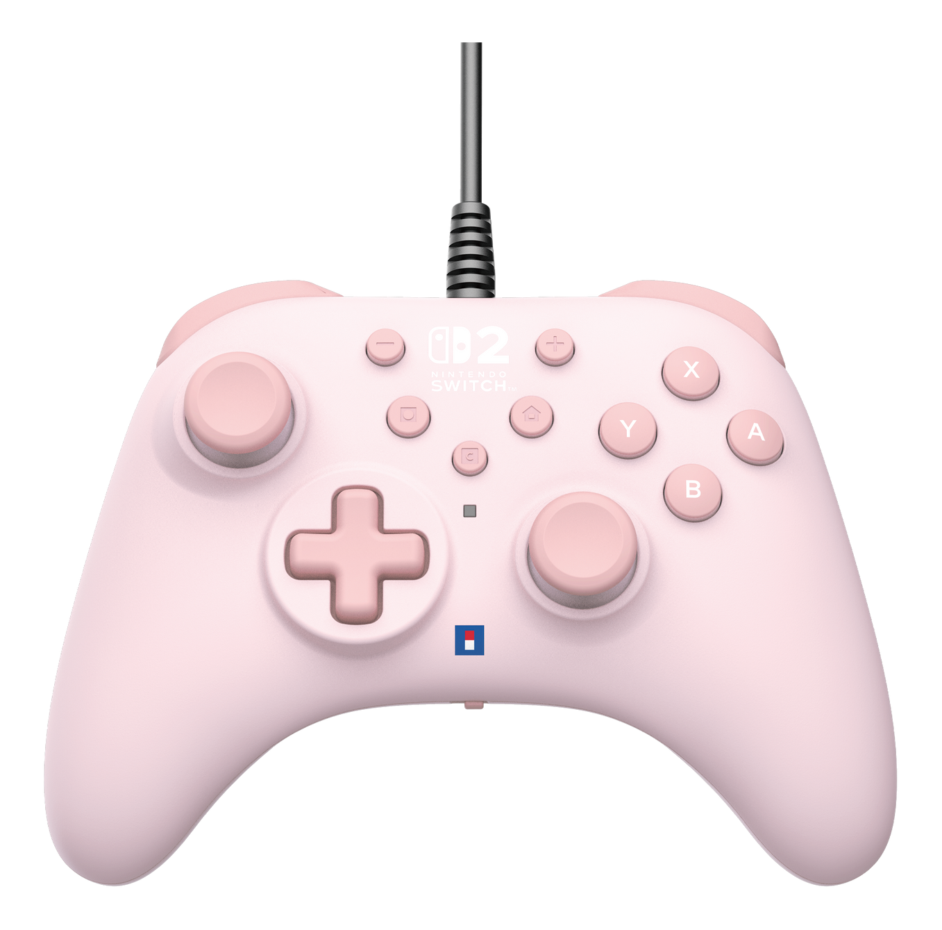 Une manette rose Nintendo Switch avec boutons et joysticks. Un câble noir part du haut. Le fond est noir.