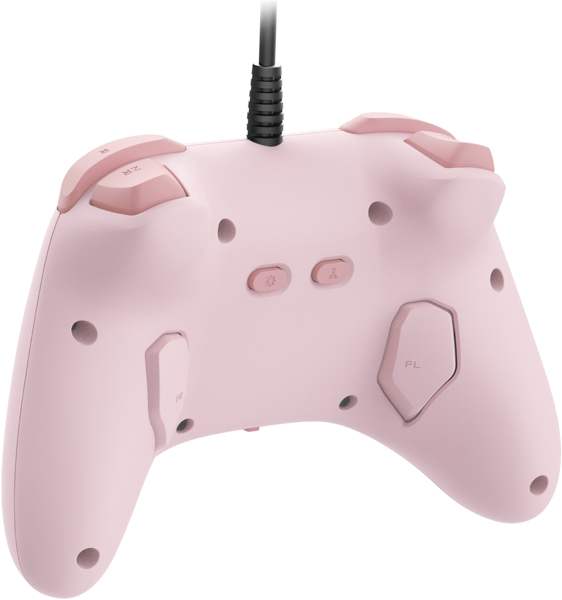 Une manette de jeu rose avec un câble noir. Elle a des boutons et des gâchettes, avec les lettres 'ZR', 'FL' et 'FR'.