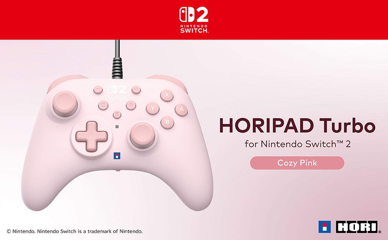 Manette HoriPad Turbo rose pour Nintendo Switch. Logo Nintendo Switch rouge en haut. Texte : Cozy Pink. Logo Hori en bas à droite.