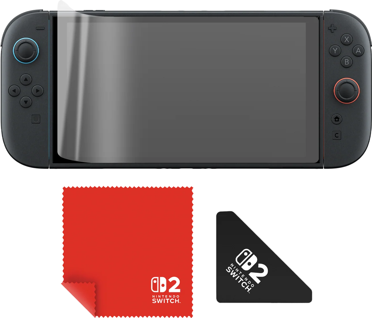 Nintendo Switch avec protecteur d'écran, chiffon de nettoyage rouge et triangle noir avec logo Nintendo Switch sur fond noir.