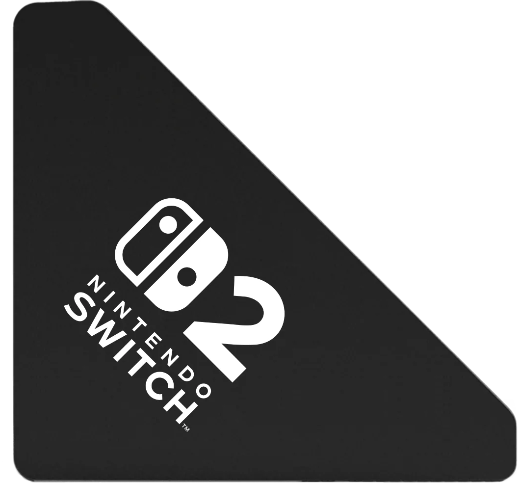 Coin noir incliné avec le logo Nintendo Switch et le chiffre 2 en blanc.