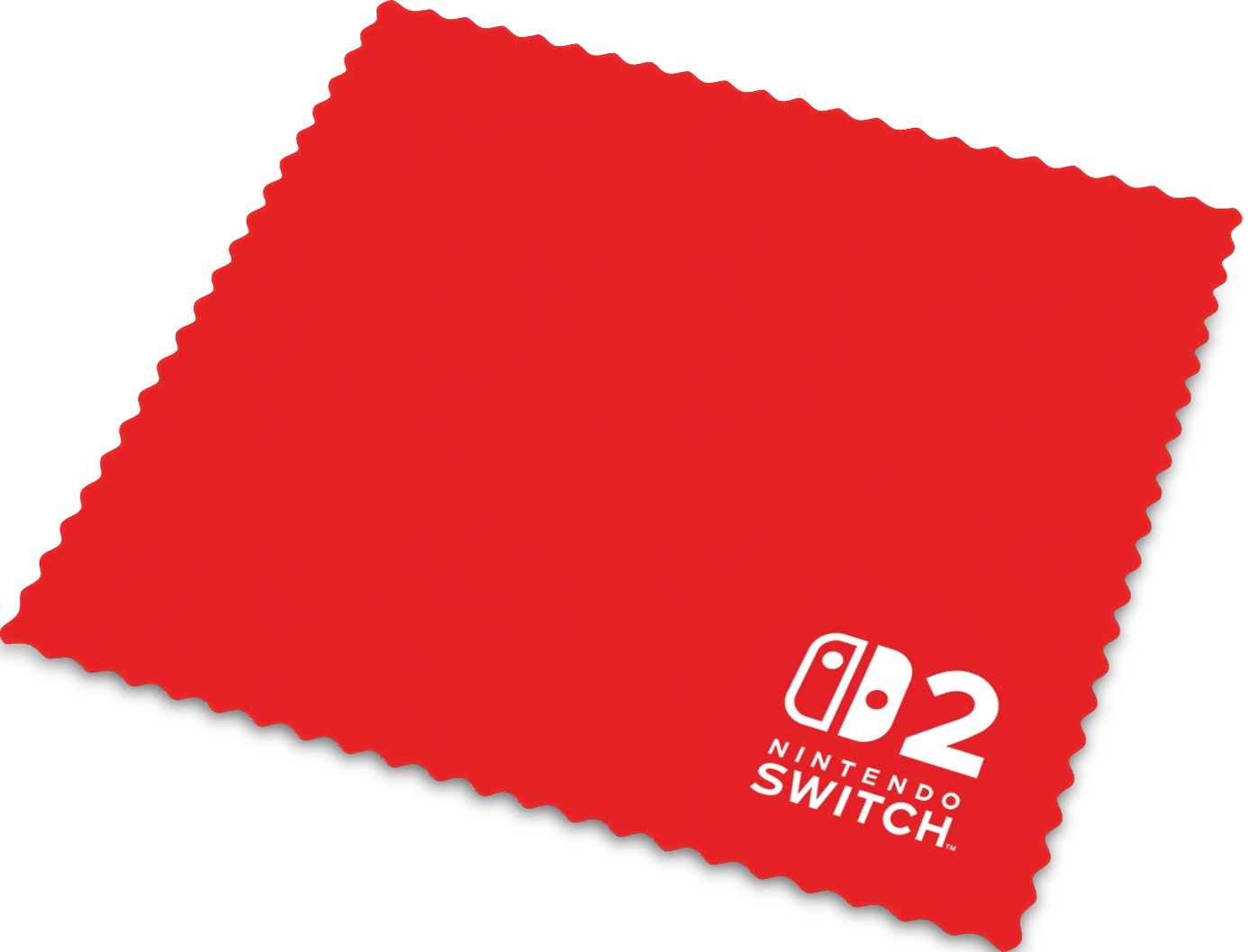 Chiffon de nettoyage Nintendo Switch rouge avec logo et texte blancs sur fond noir. Le logo comprend un '2' stylisé.