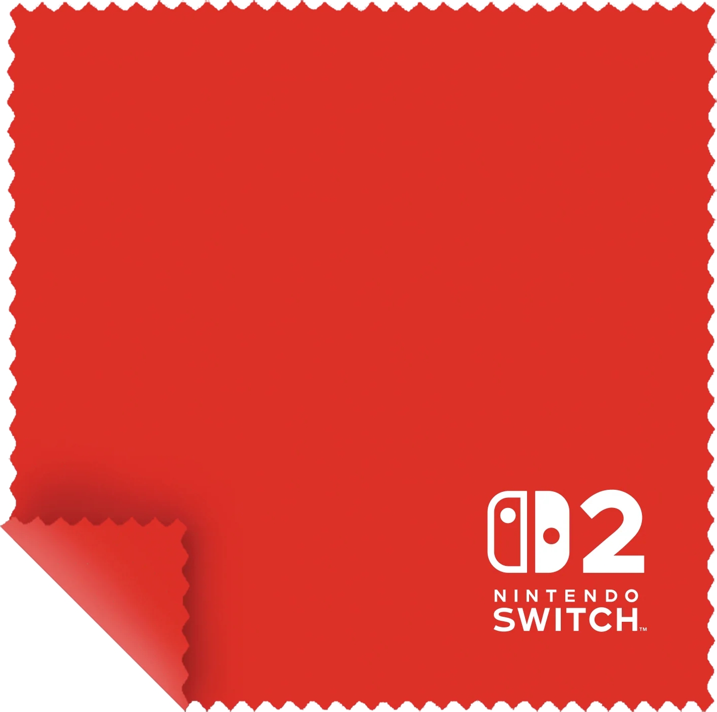 Chiffon de nettoyage Nintendo Switch rouge avec logo. Un coin est plié. Bords festonnés. Fond noir.