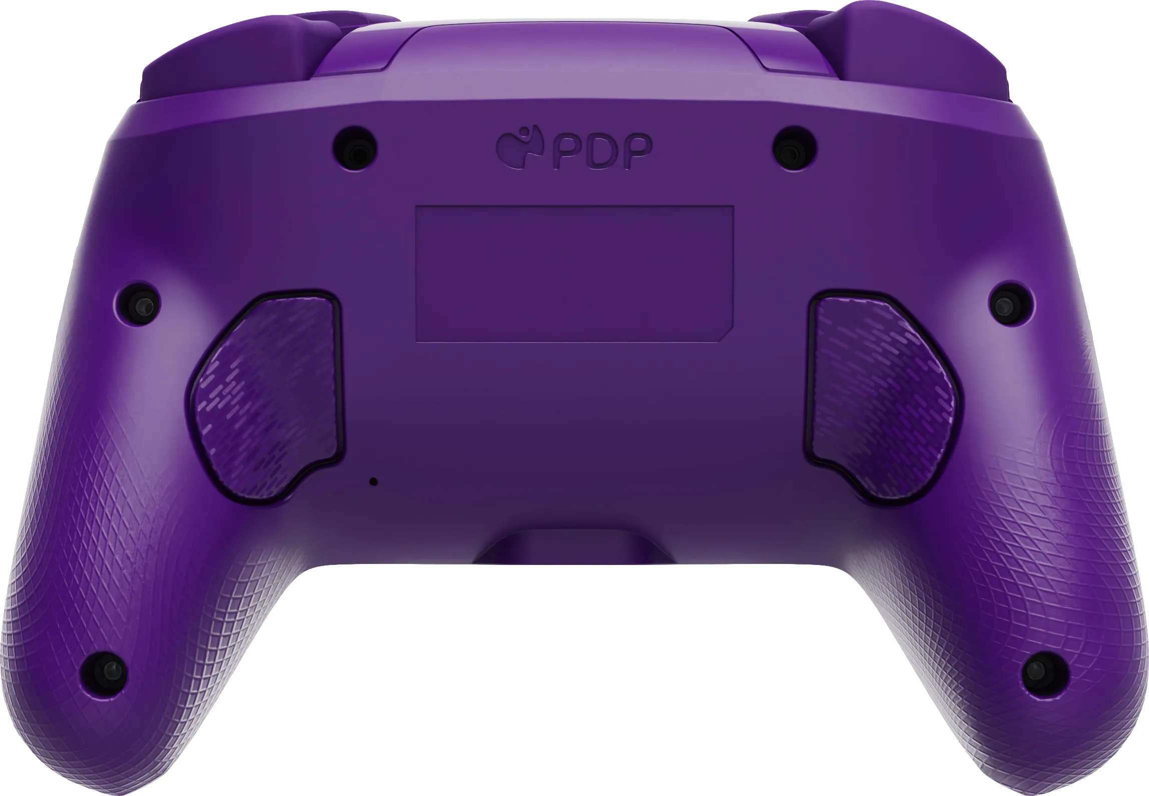 Il retro di un controller di gioco viola. Ha il logo PDP e diversi pulsanti e impugnature testurizzate.