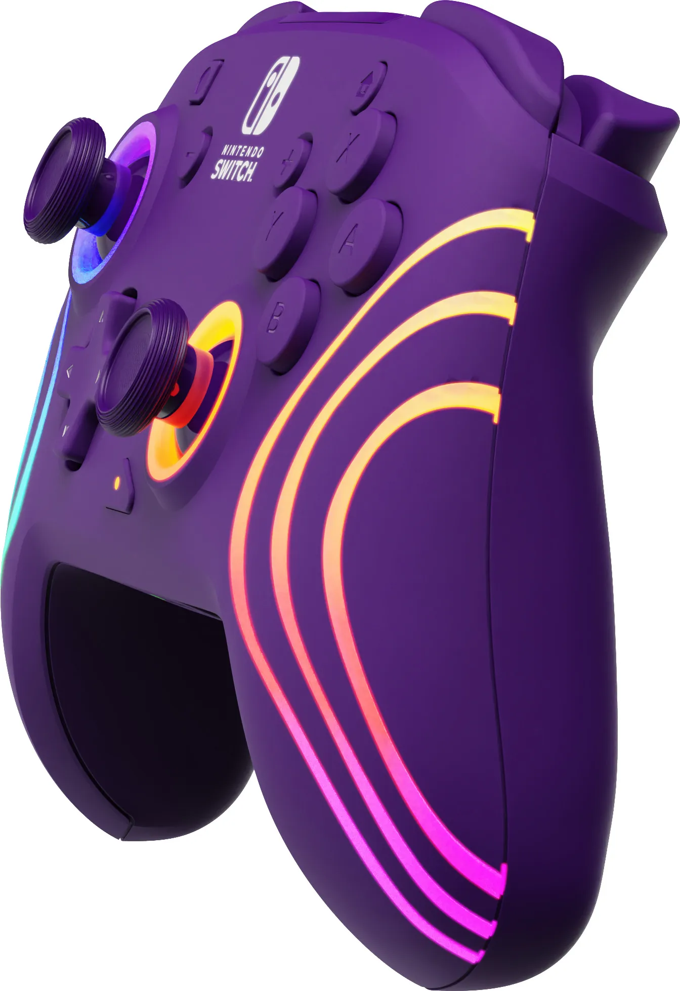 Un controller Nintendo Switch viola con strisce arancioni e rosa luminose. Ha pulsanti e joystick. Il logo Nintendo Switch è visibile.