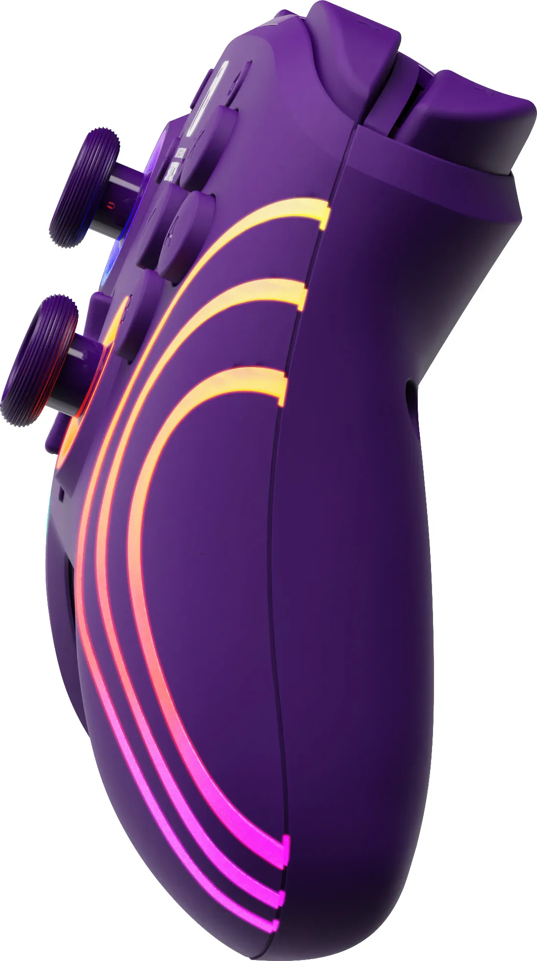 Un controller di gioco viola con luci luminose. Ha due levette analogiche e diversi pulsanti. Il design è elegante e moderno.