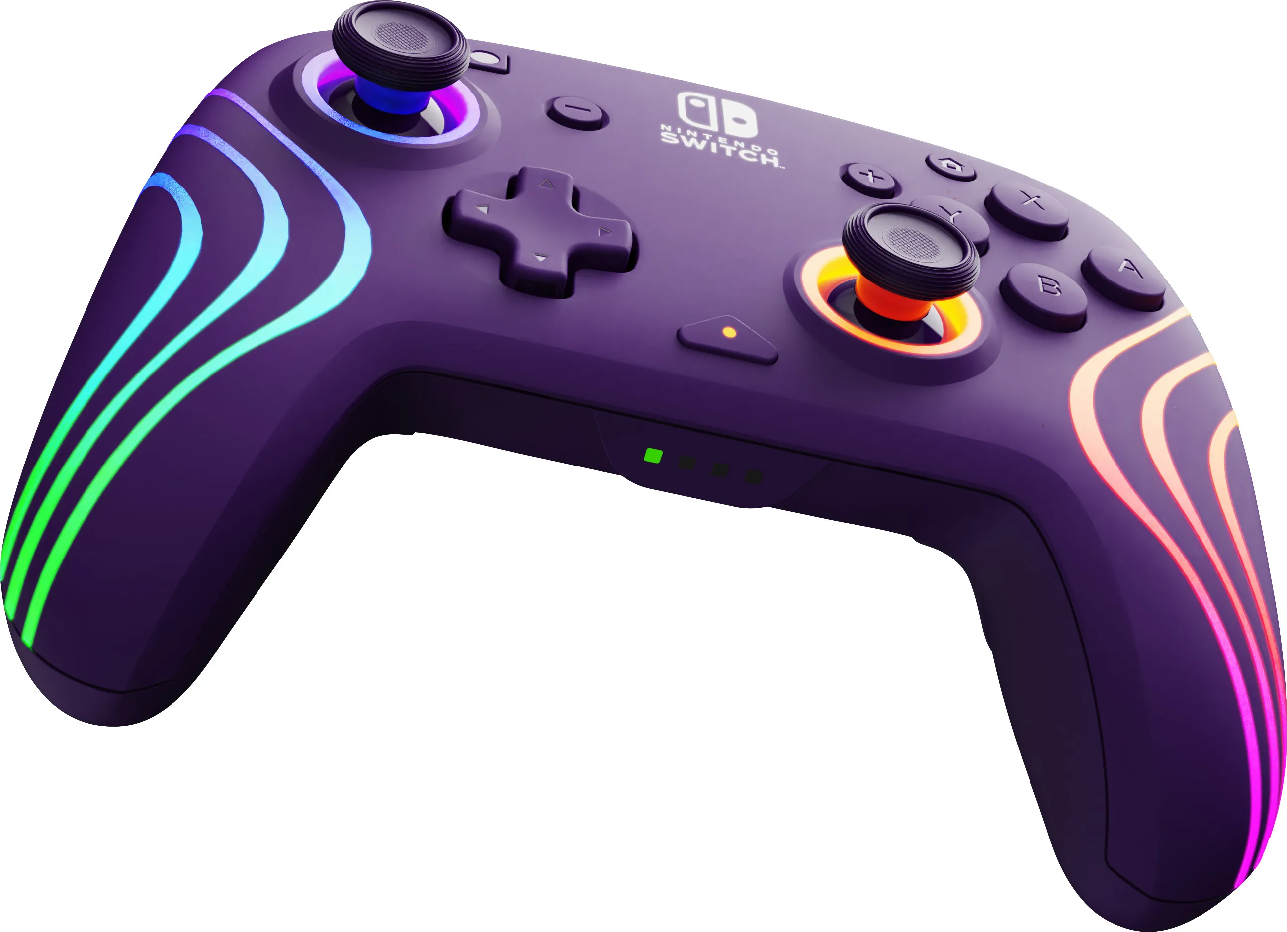 Un controller Nintendo Switch viola con luci brillanti. Ha pulsanti, joystick e un D-pad.