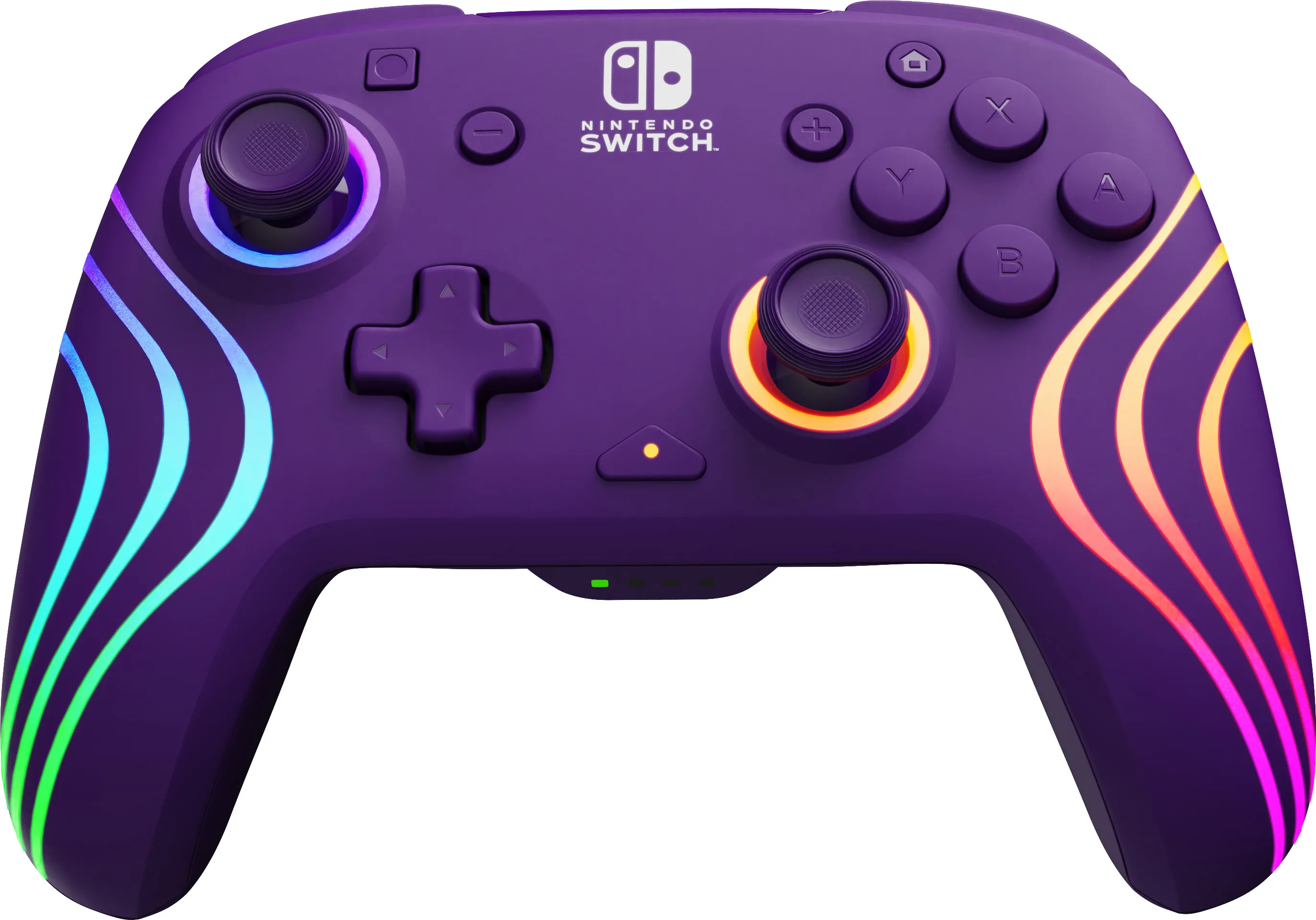 Controller Nintendo Switch viola con scie luminose colorate. Pulsanti, joystick e logo Nintendo Switch.