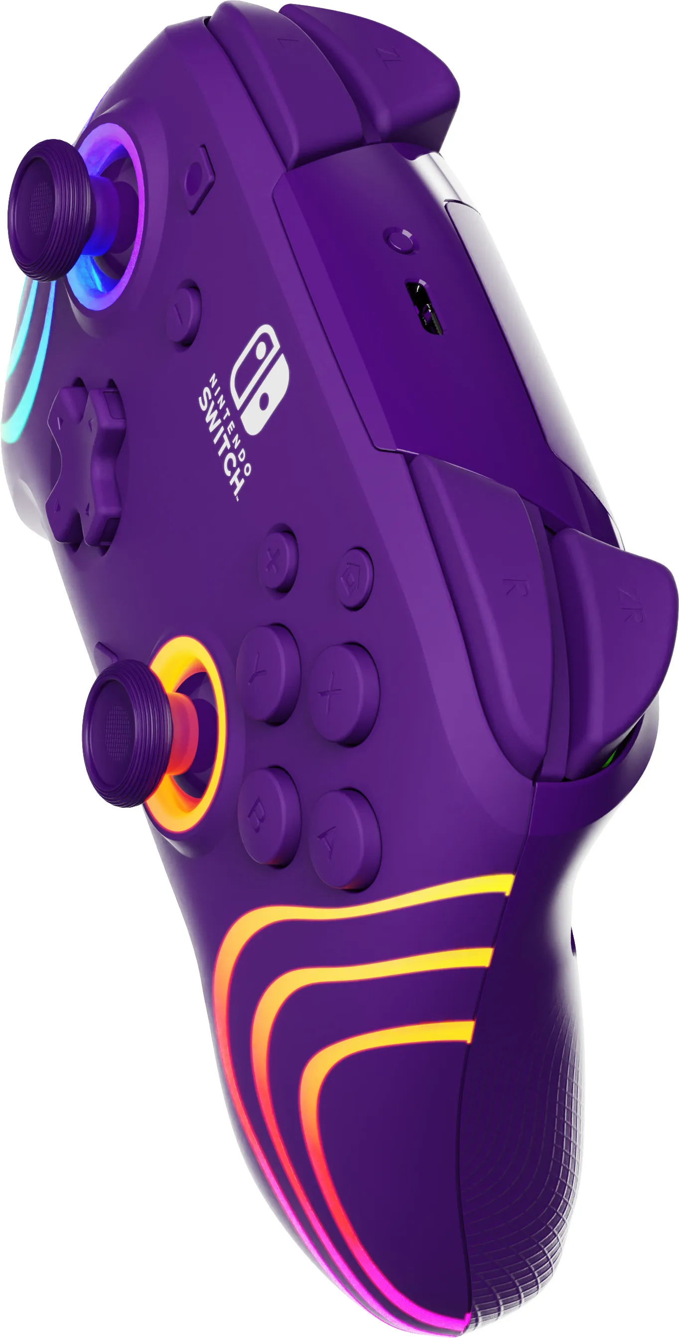 Un controller Nintendo Switch viola con strisce arancioni e gialle luminose. Pulsanti e joystick sono visibili.