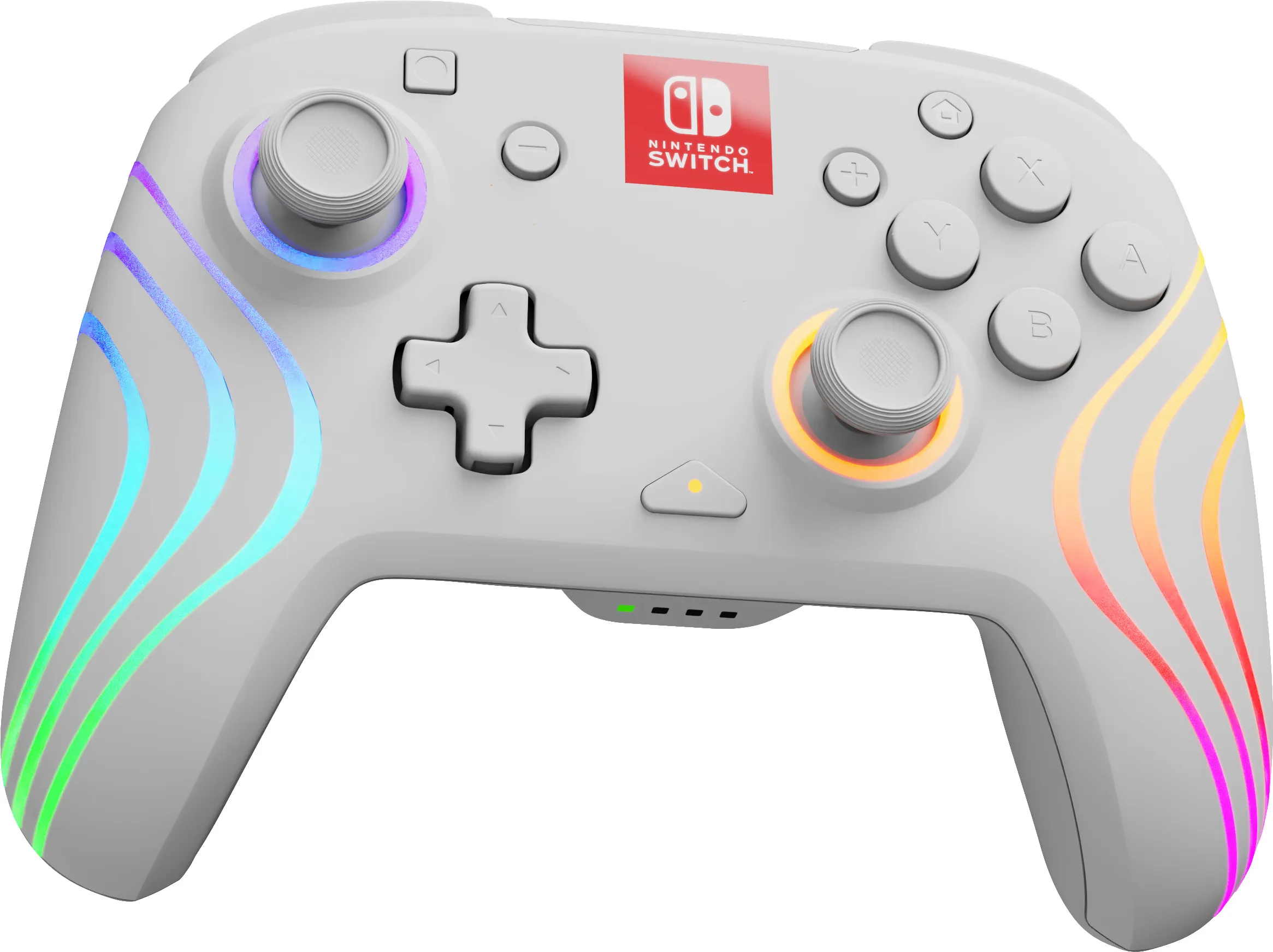 Ein weißer Nintendo Switch-Controller mit leuchtenden, farbenfrohen Streifen an den Seiten und Knöpfen.