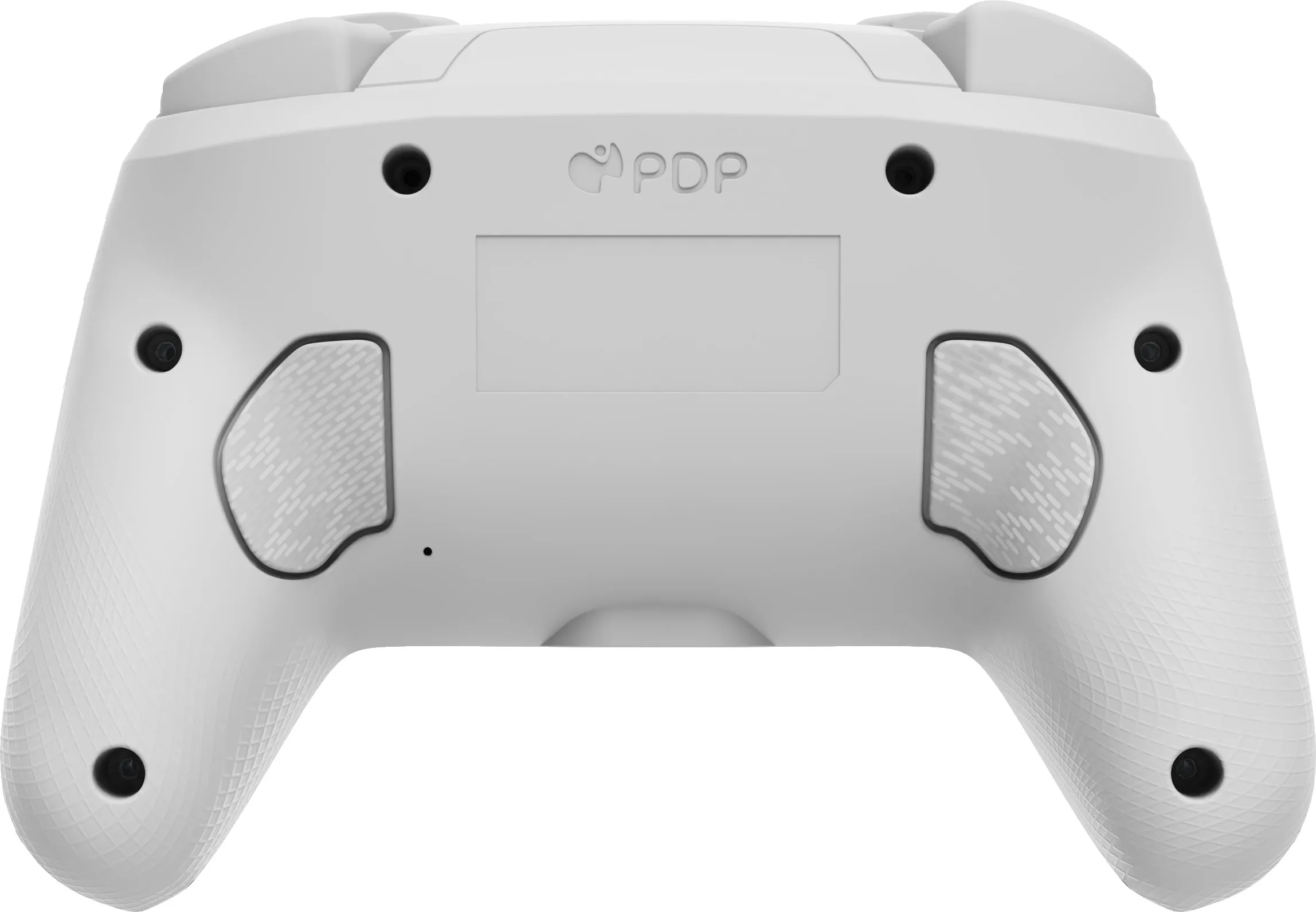 Rückseite eines weißen Gamecontrollers, PDP-Logo, schwarze Knöpfe, strukturierte Griffe.