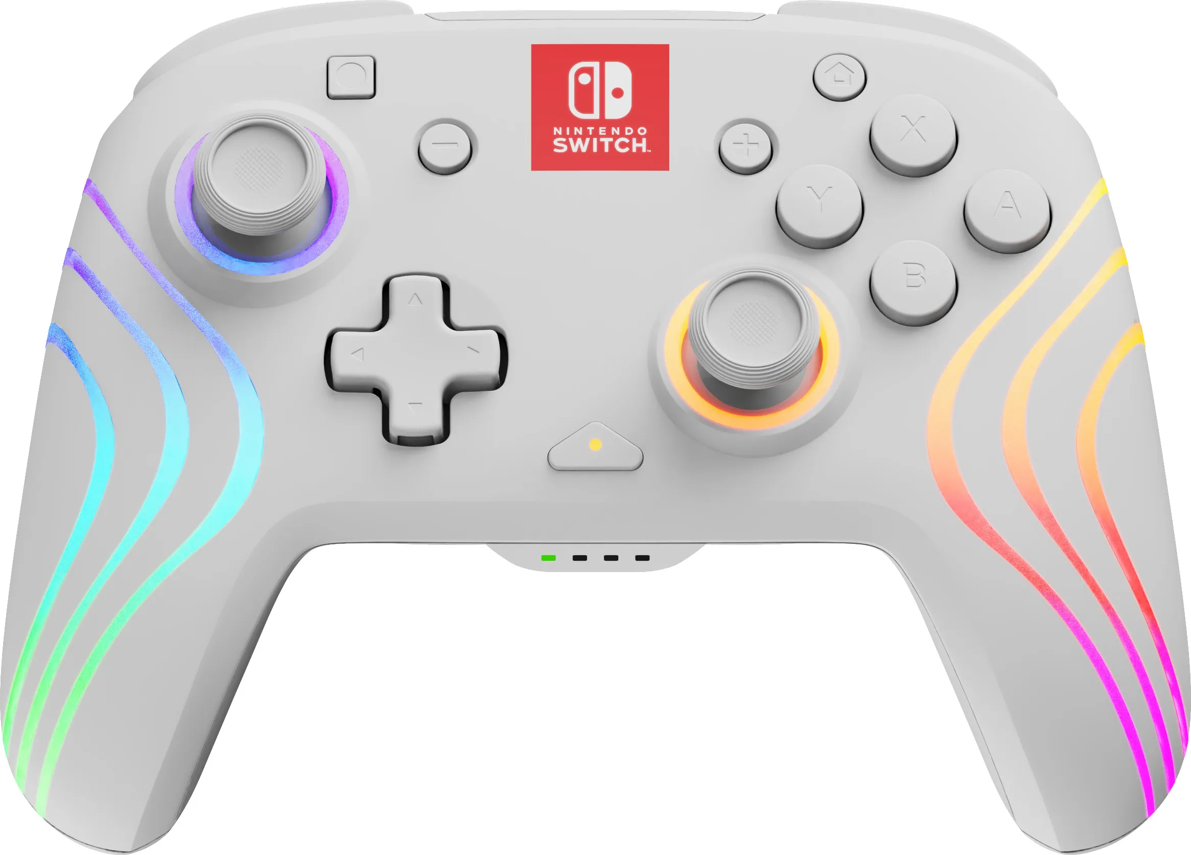 Weißer Nintendo Switch-Controller mit bunten Lichtstreifen und Knöpfen.