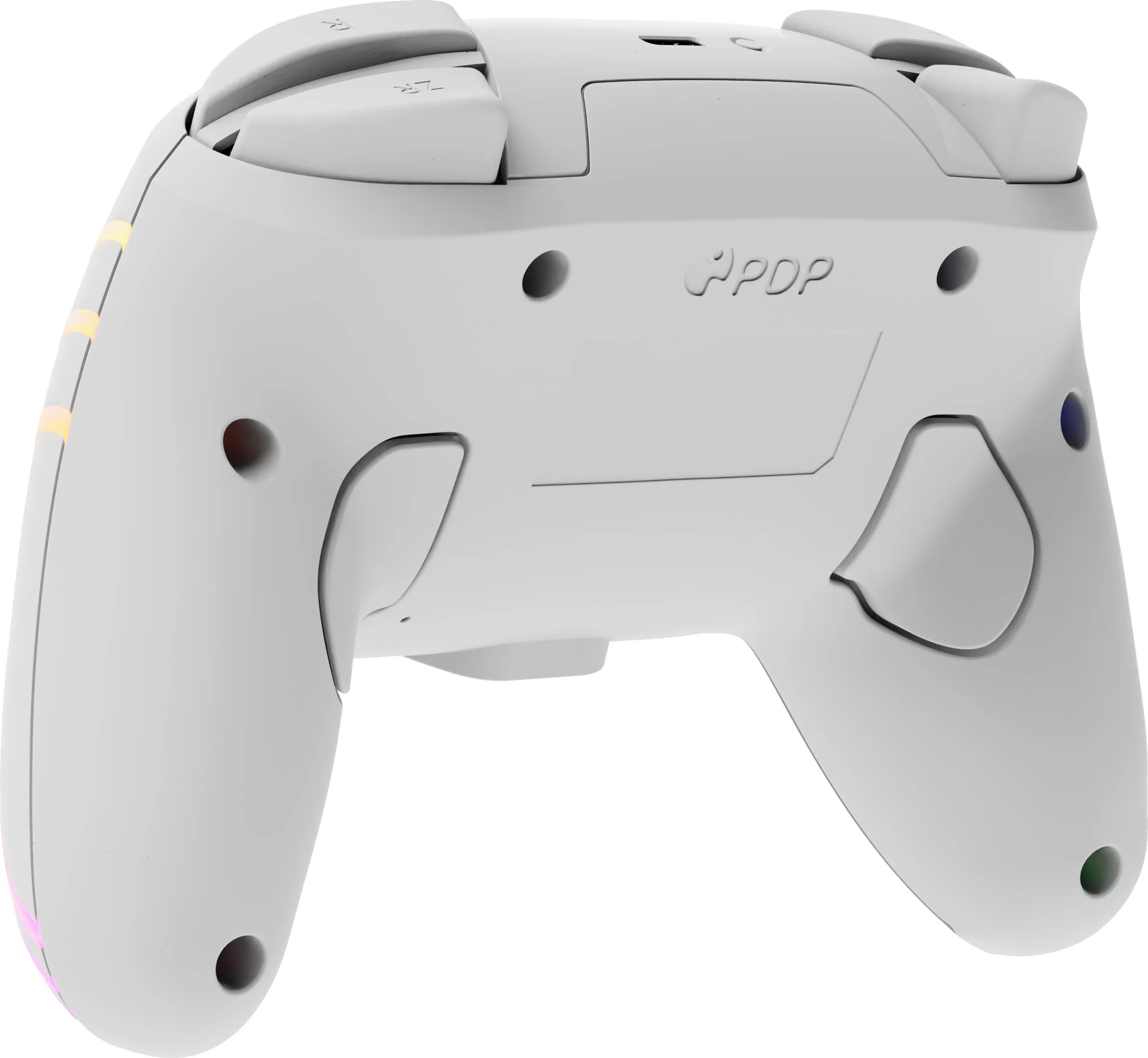 Ein weißer Gamecontroller wird von hinten gezeigt. Er hat Knöpfe, Auslöser und das PDP-Logo. An der Seite befinden sich farbige Lichter.