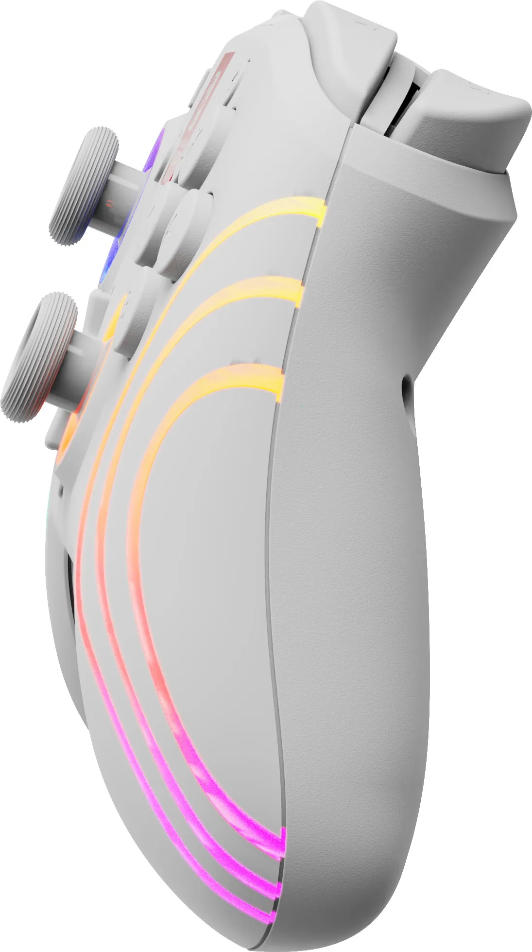 Ein weißer Gaming-Controller mit bunten LED-Lichtern. Er hat analoge Sticks, Knöpfe und Auslöser. Die Lichter sind orange, pink und lila.
