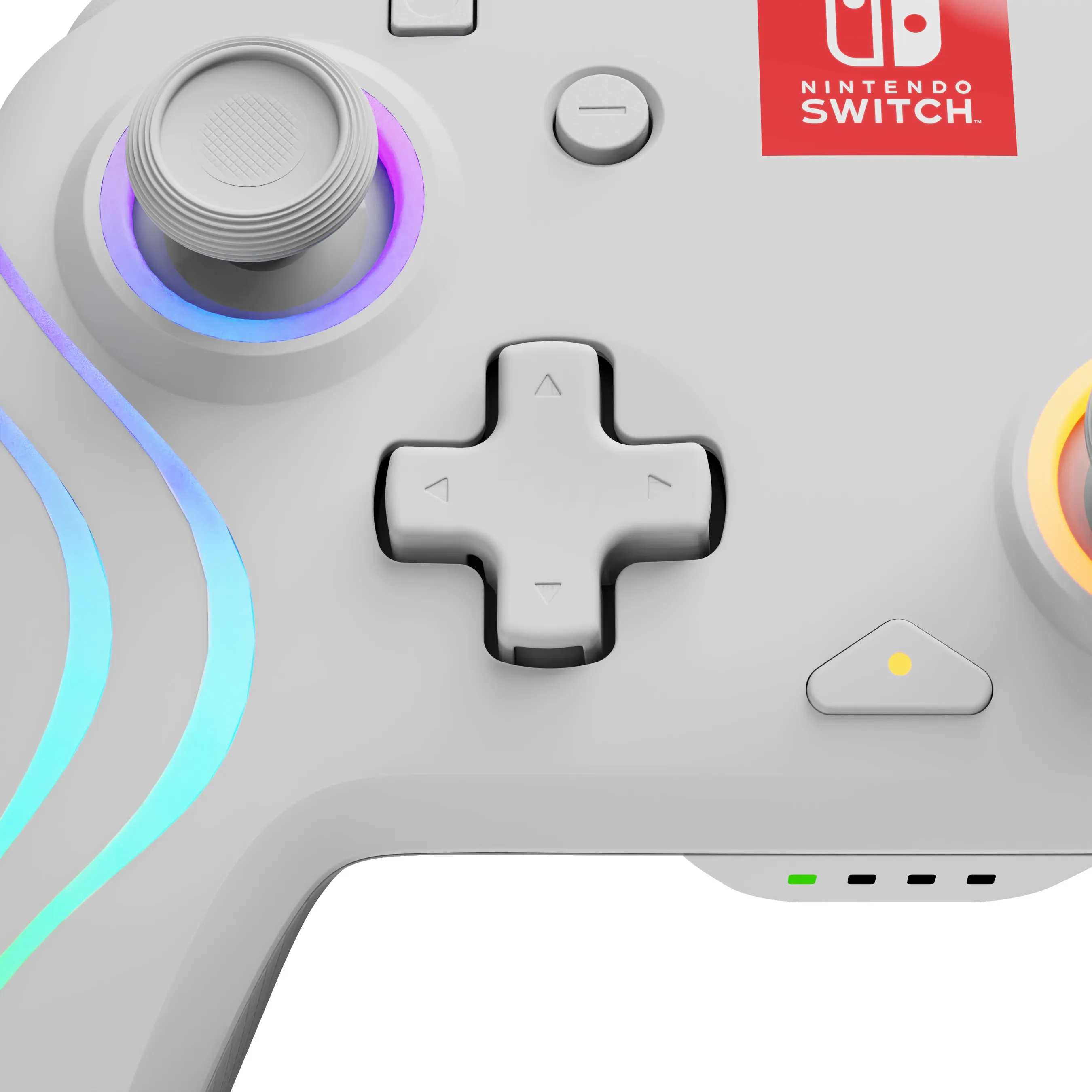 Ein weißer Nintendo Switch-Controller mit kreuzförmigem Steuerkreuz und Knöpfen. Er hat ein rotes Nintendo Switch-Logo.