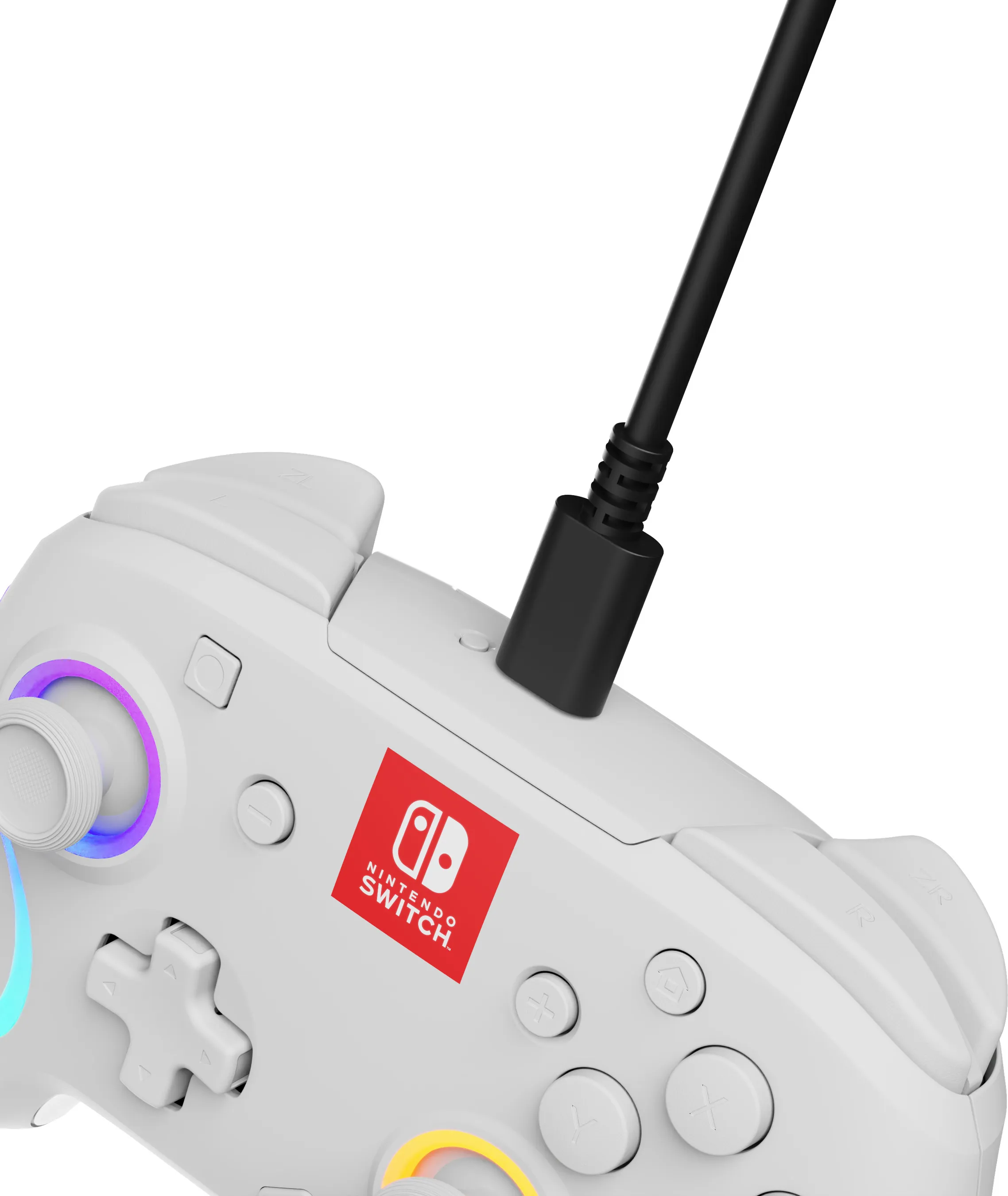 Ein weißer Nintendo Switch-Controller mit einem schwarzen Kabel. Der Controller hat ein rotes Logo.