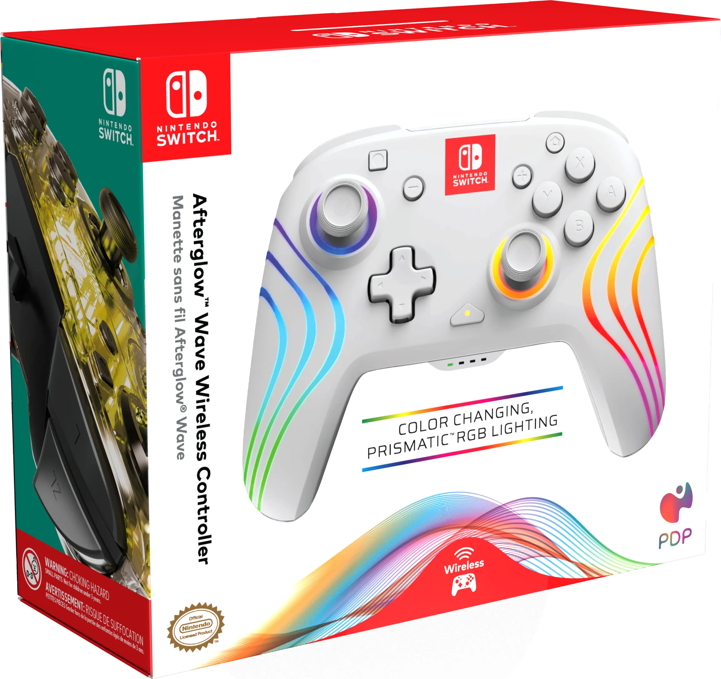 Schachtel mit weißem Nintendo Switch-Controller, Regenbogenlichtern. Text: Afterglow Wave Wireless Controller.