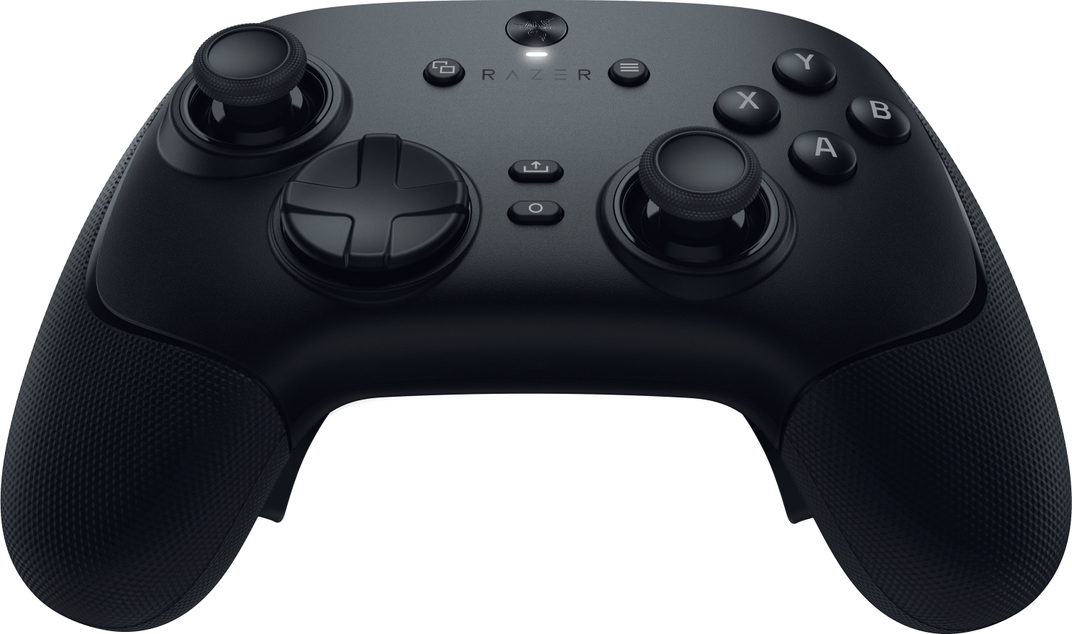 Ein schwarzer Razer-Controller. Er hat Knöpfe, Analog-Sticks und ein Steuerkreuz. Das Razer-Logo ist in der Mitte sichtbar.