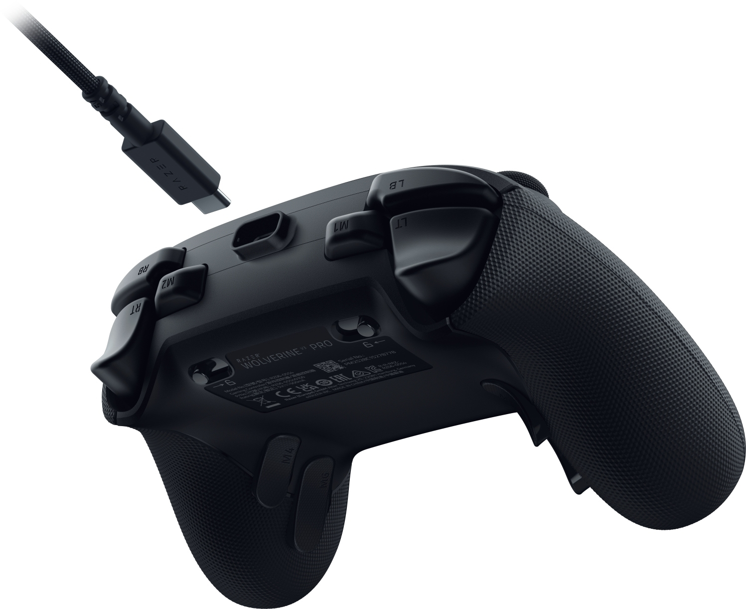 Schwarzer Razer Wolverine Pro Controller mit USB-C-Kabel. Tasten: RT, RB, LT, LB, M1, M2, M3, M4.