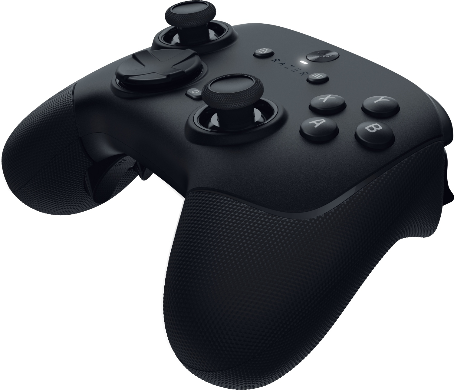 Ein schwarzer Razer-Gaming-Controller mit Knöpfen, Joysticks und strukturierten Griffen, vor weißem Hintergrund.