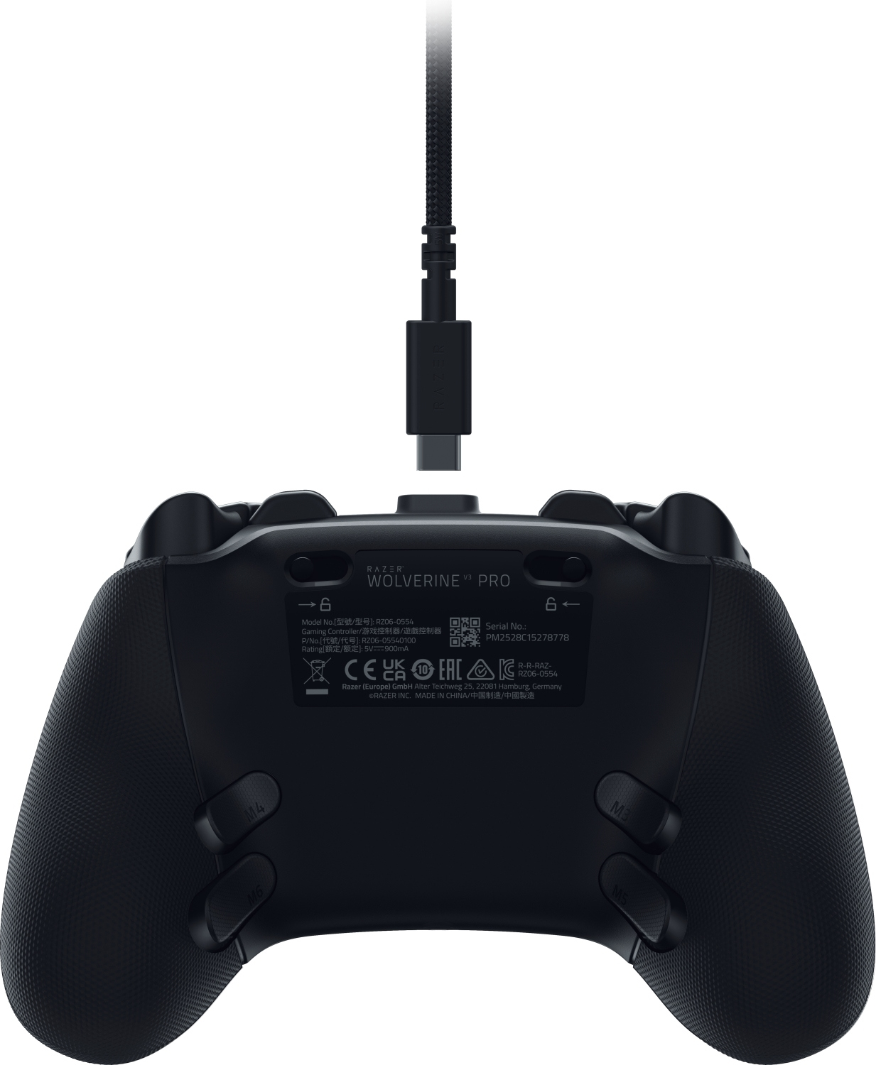 Schwarzer Razer Wolverine V3 Pro Controller, USB-C-Kabel angeschlossen. Tasten M3, M4, M5, M6 sichtbar. Razer-Logo und Modellinfo.