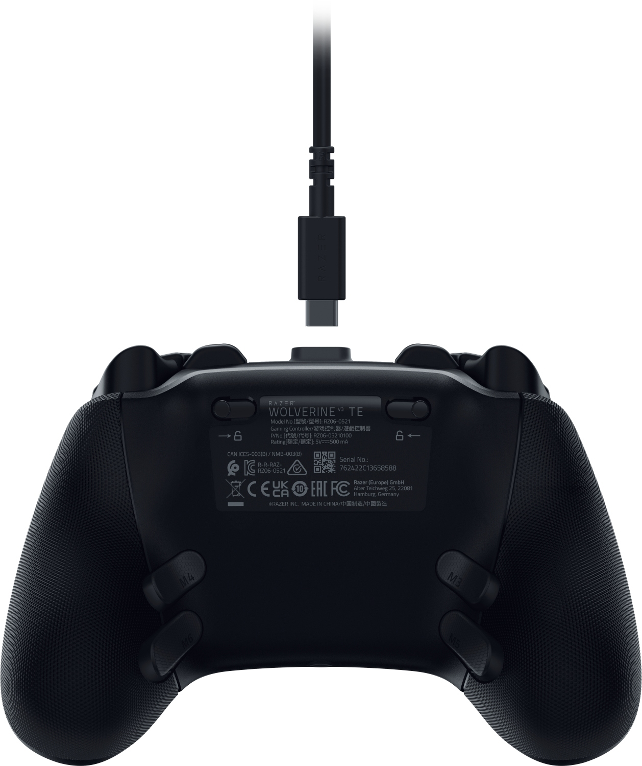 Controller nero Razer Wolverine V3 TE con cavo USB-C collegato. Tasti M3, M4, M5, M6 visibili. Etichette sul retro.