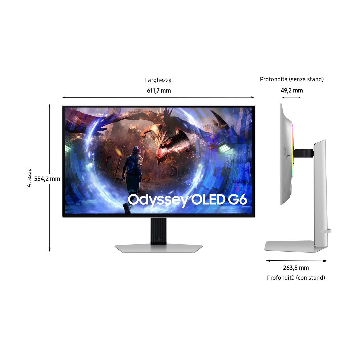 Un monitor Samsung Odyssey OLED G6. Mostra una scena di gioco. Le dimensioni sono indicate con etichette come 'Larghezza' e 'Profondità'.
