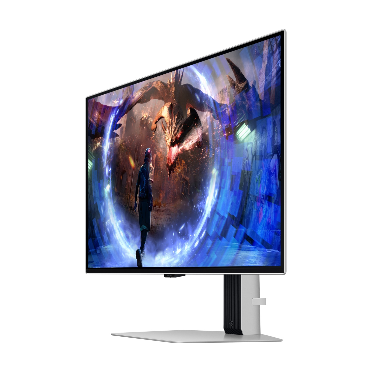 Monitor che mostra una scena fantasy. Un personaggio affronta un drago all'interno di un cerchio di energia blu. Il monitor è su un supporto.