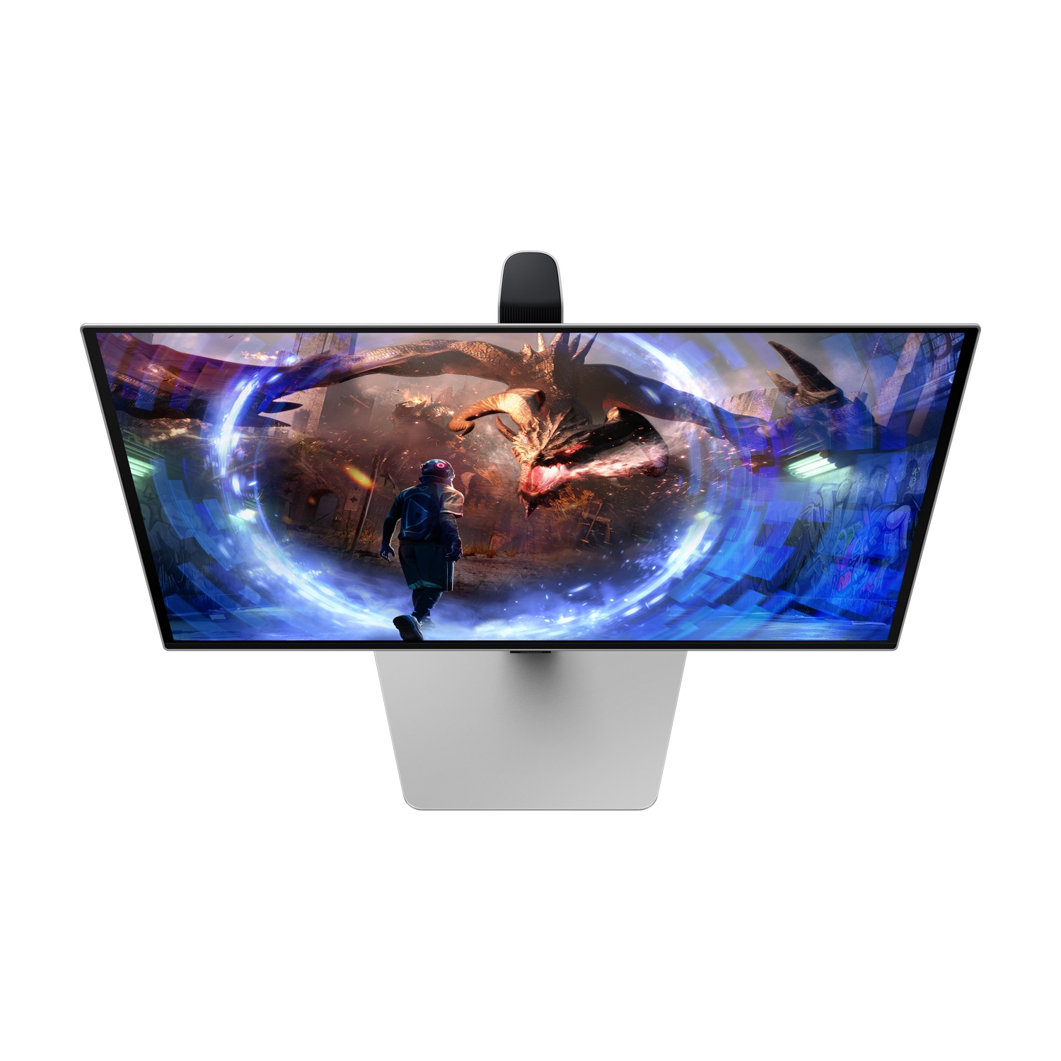 Monitor che mostra una scena fantasy con una figura che corre verso un drago. Il monitor è su un supporto argentato, su sfondo bianco.