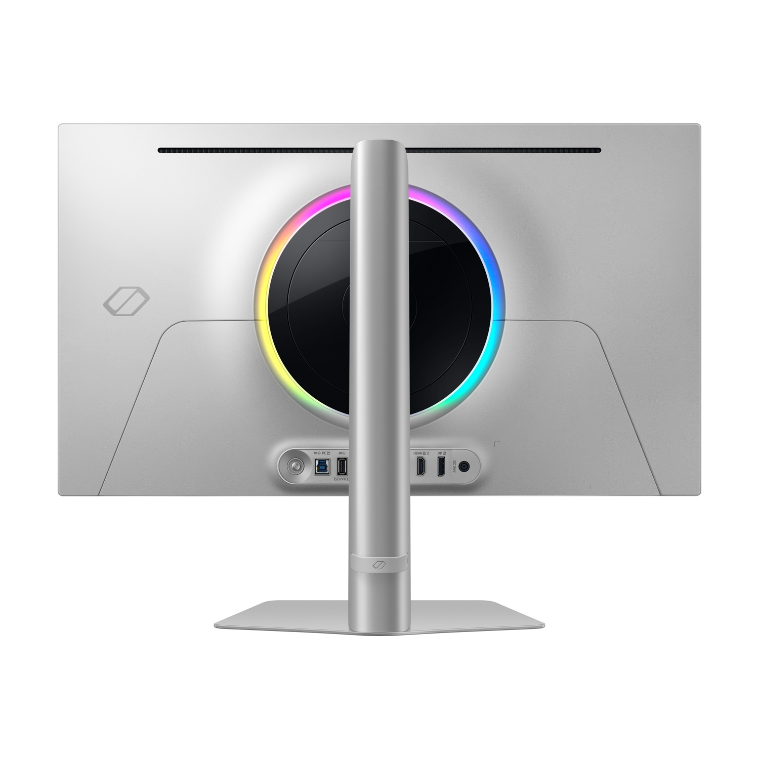 Vista posteriore di un monitor per computer argentato con un design circolare, con un anello luminoso multicolore. Porte e supporto visibili.