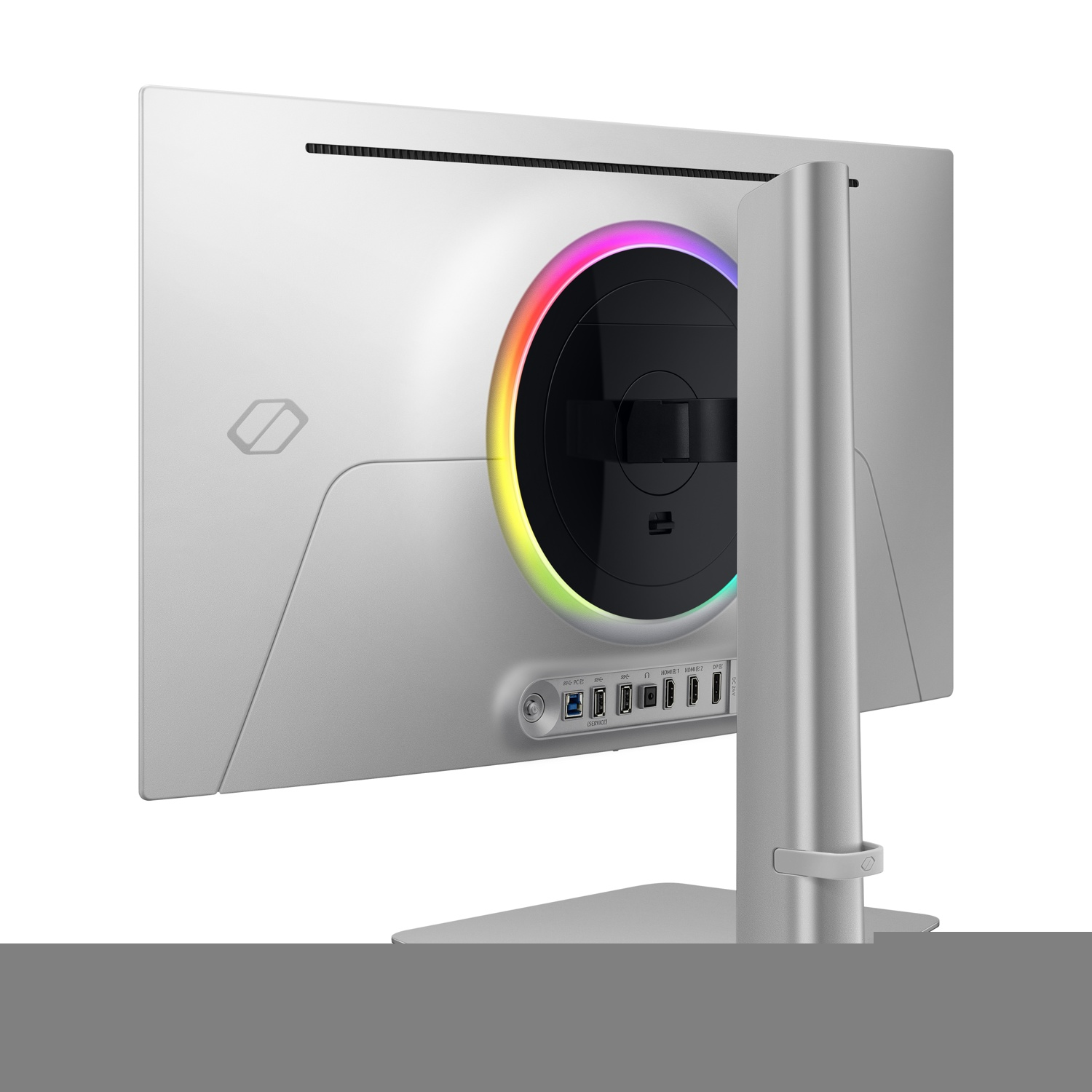 Viene mostrato il retro di un monitor per computer argentato. Ha porte, un supporto e un anello con luci colorate.
