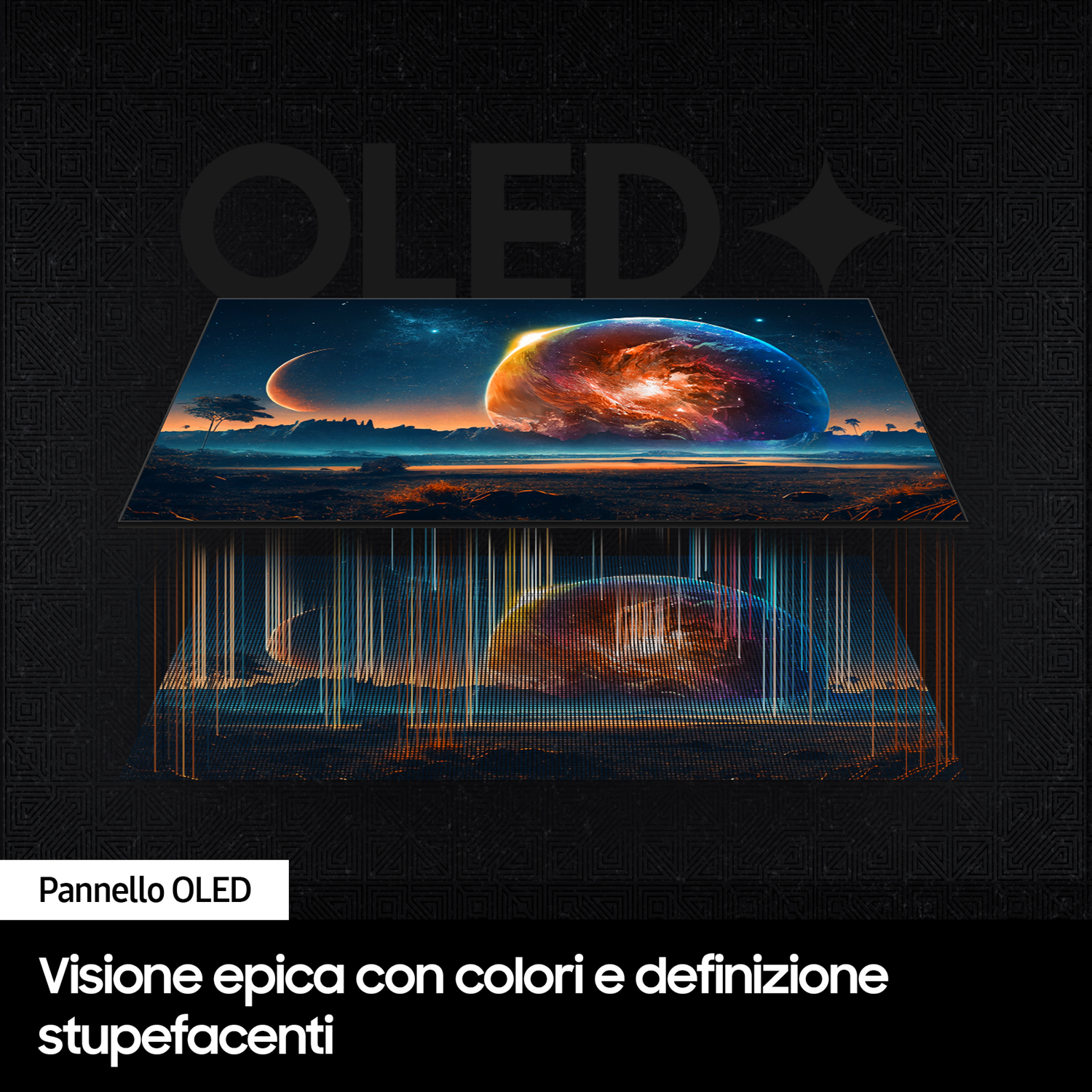 Un pannello OLED mostra una vivace scena spaziale con pianeti e una luna crescente. Il pannello è su uno sfondo nero strutturato.