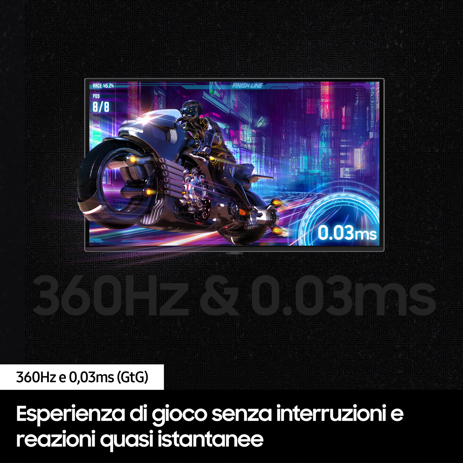 Un gioco di corse motociclistiche futuristico è visualizzato su un monitor. Lo schermo mostra un pilota che corre in una città illuminata al neon.