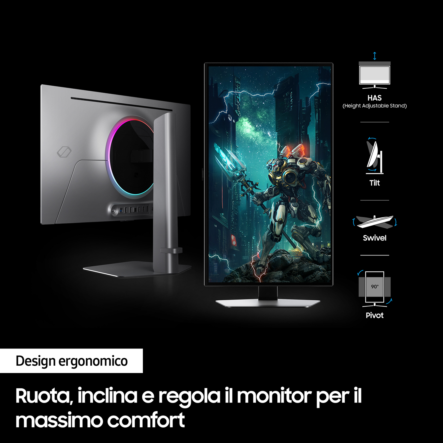 Monitor che mostra la parte posteriore e anteriore. Ha un design futuristico. Lo schermo mostra un robot con un'arma in un ambiente urbano.