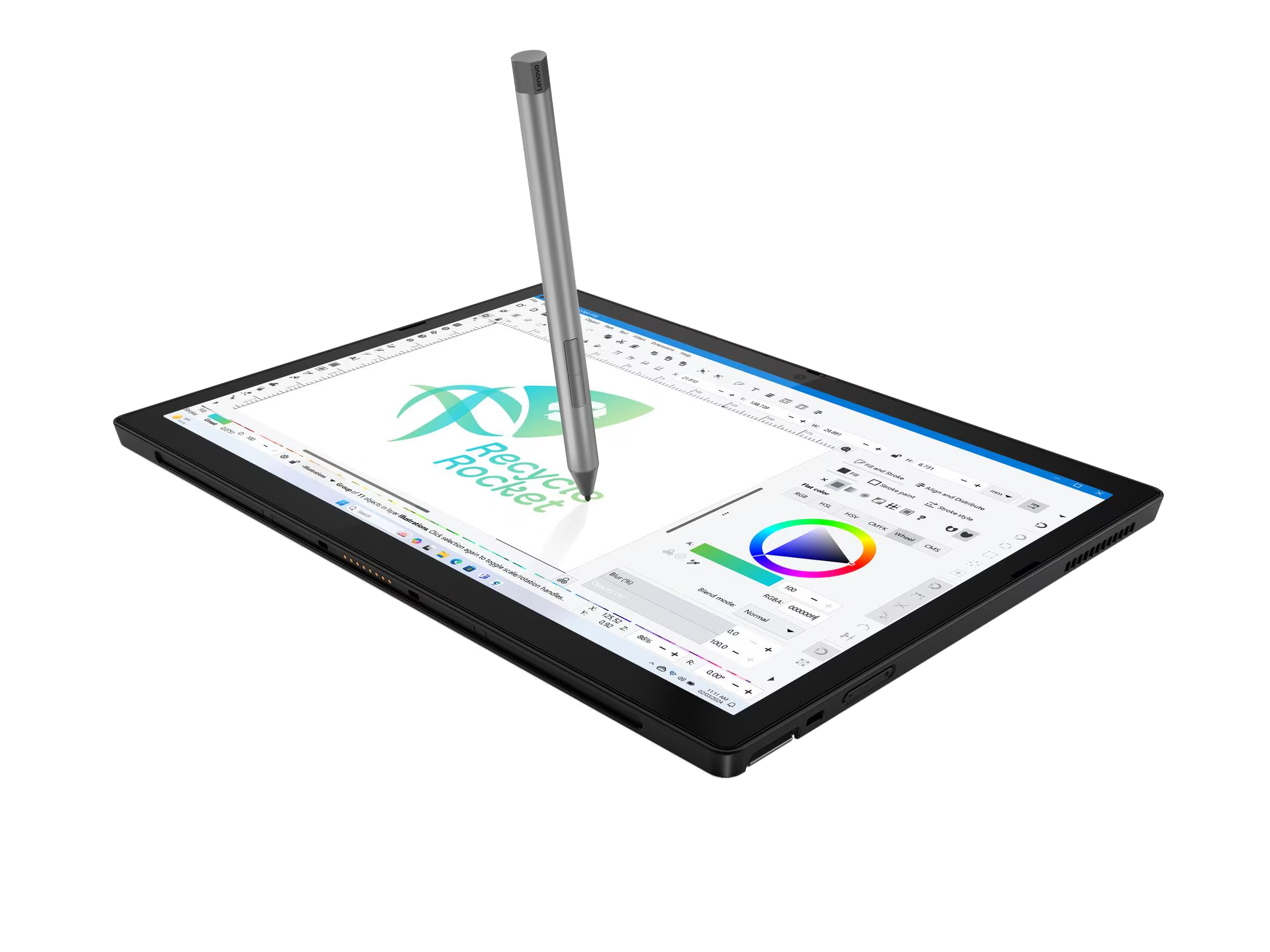 Una tableta negra con un lápiz óptico, mostrando una interfaz de software de diseño. El lápiz óptico flota sobre la pantalla. El logo 'Recycle Rocket' es visible.