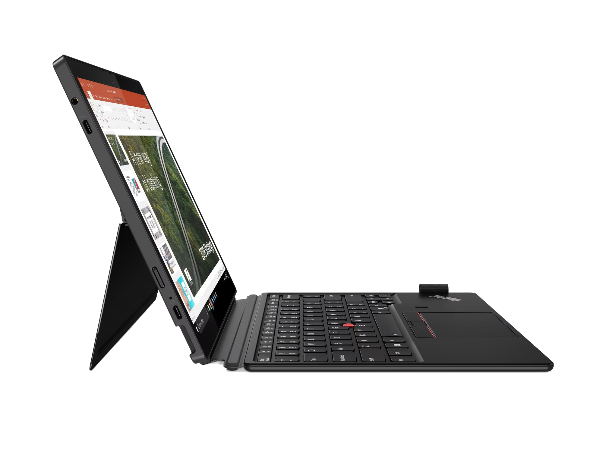 Un portátil negro con teclado y pantalla que muestra una presentación. La pantalla está sujeta por un soporte.