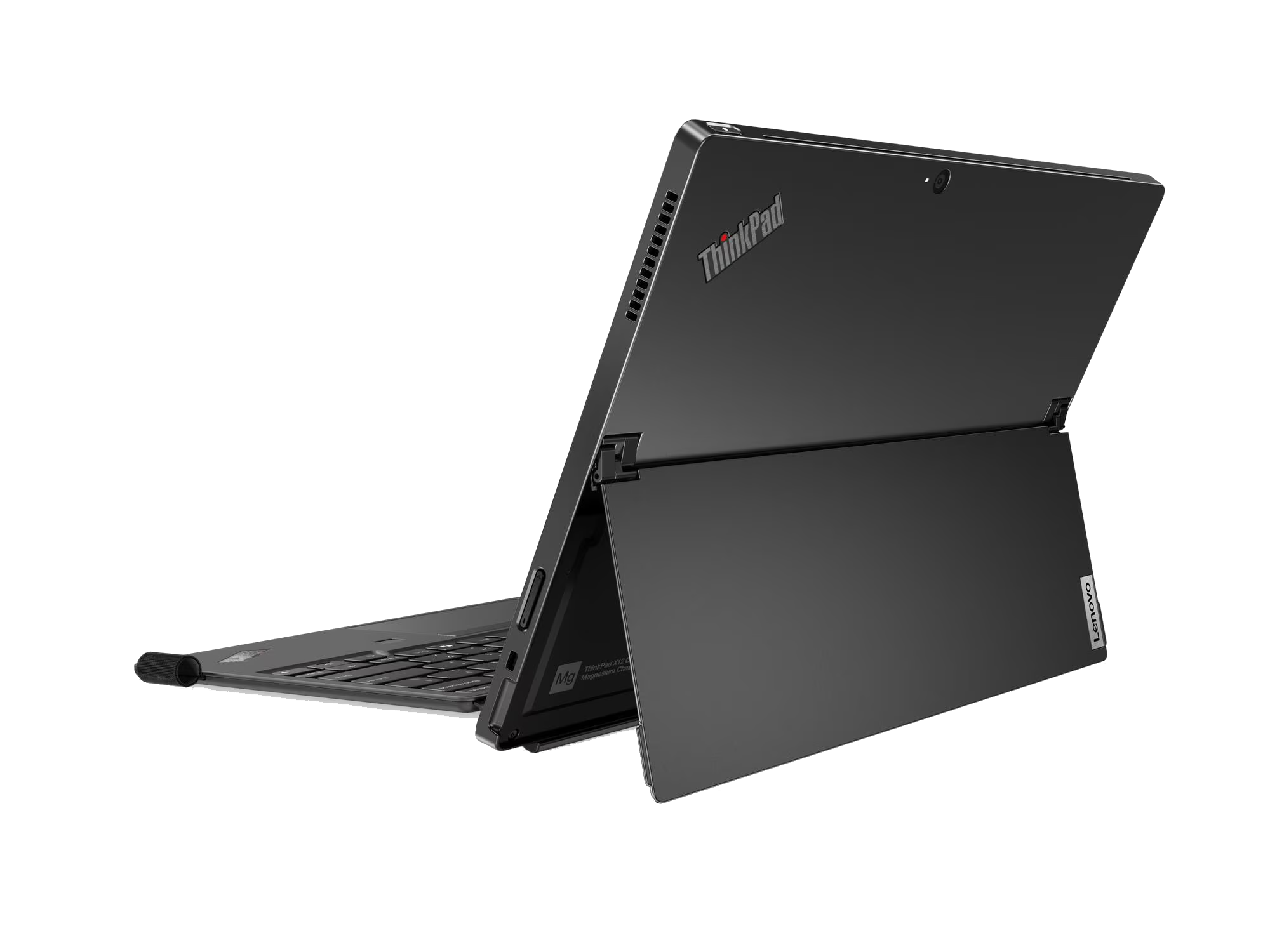 Un portátil Lenovo ThinkPad negro está abierto, mostrando el teclado y la pantalla. El logo ThinkPad es visible.
