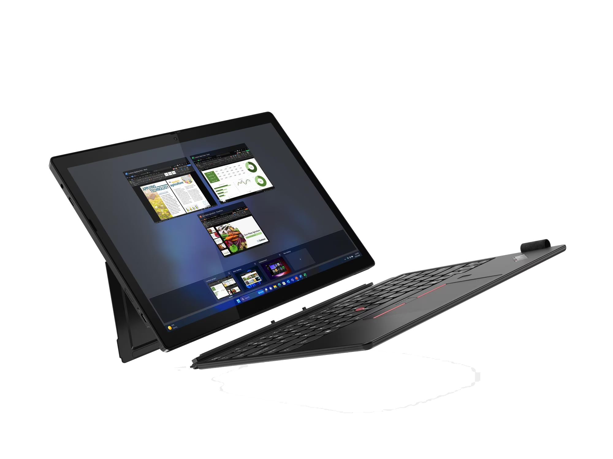 Portátil negro con pantalla abierta que muestra múltiples ventanas. El teclado está abierto debajo de la pantalla. Fondo negro.