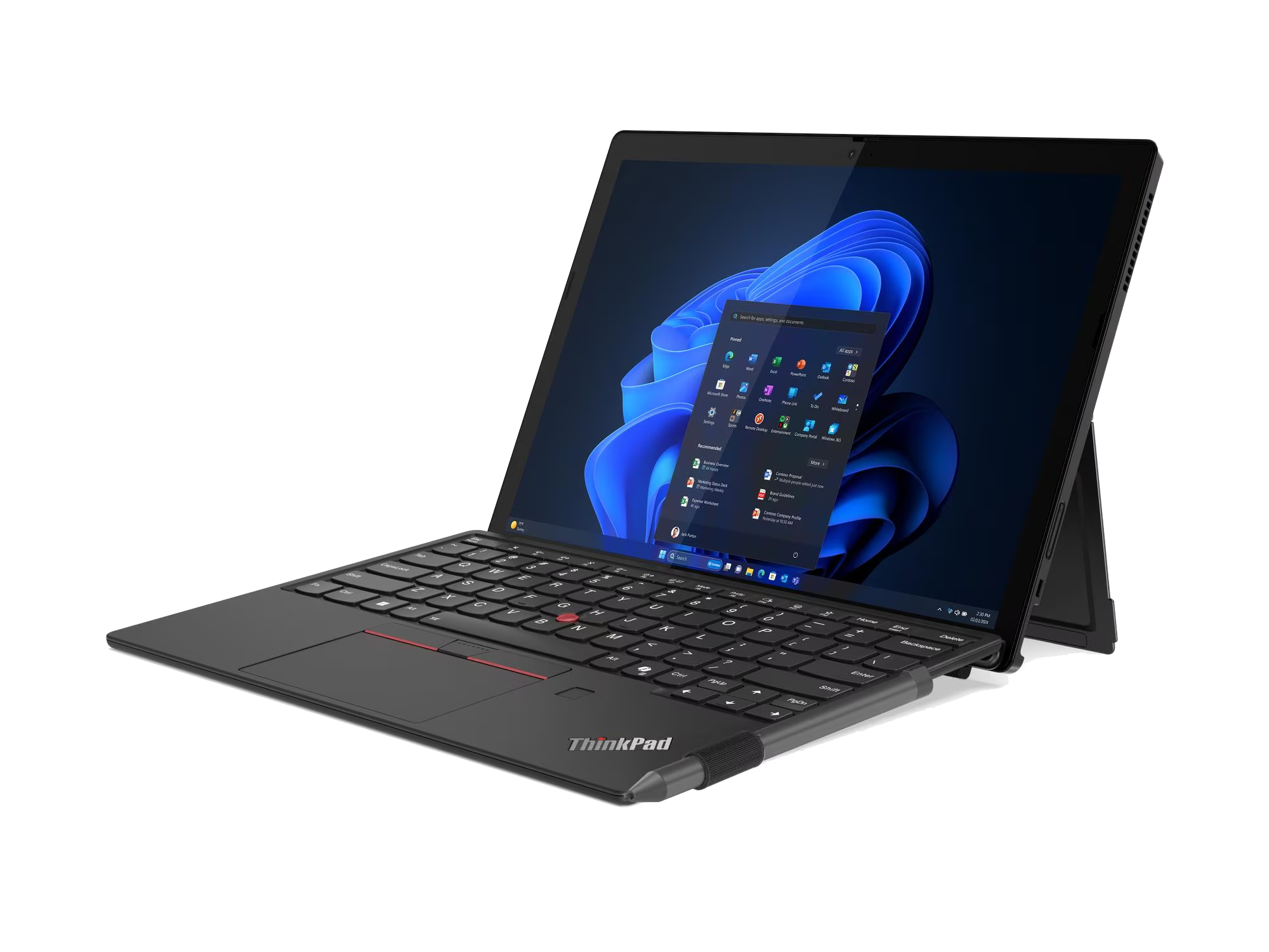 Un portátil ThinkPad negro está abierto, mostrando una interfaz de Windows. El teclado es visible, con un lápiz óptico adjunto. La pantalla muestra iconos de aplicaciones.