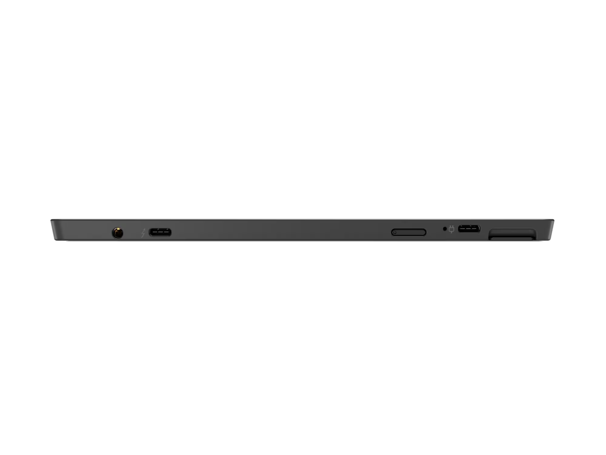 Vista lateral de un portátil gris oscuro. Varios puertos son visibles: alimentación, USB-C, conector de audio y lector de tarjetas.