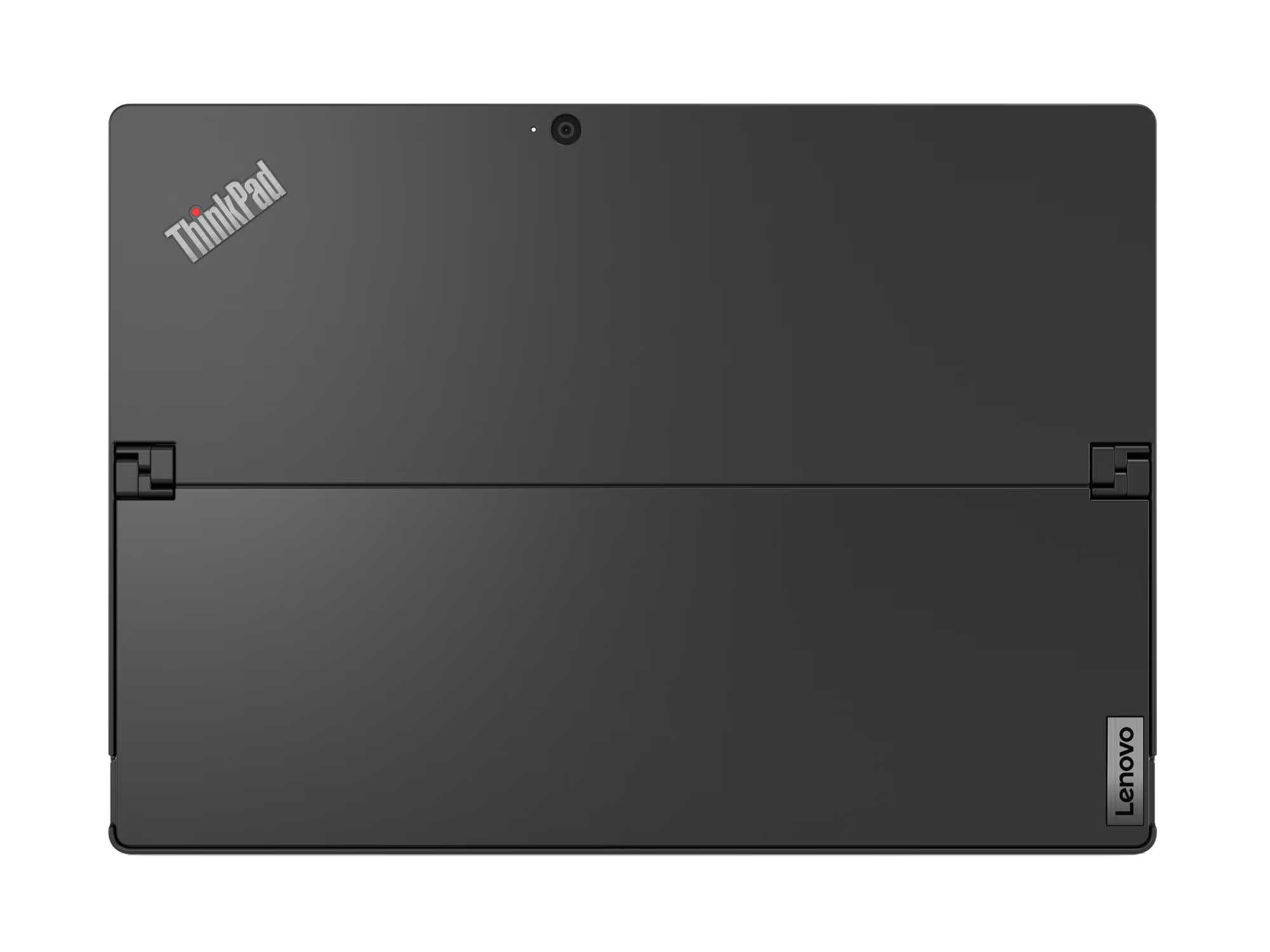 Vista superior de una tableta ThinkPad negra. Tiene el logotipo de ThinkPad en la parte superior izquierda y el logotipo de Lenovo en la parte inferior derecha.