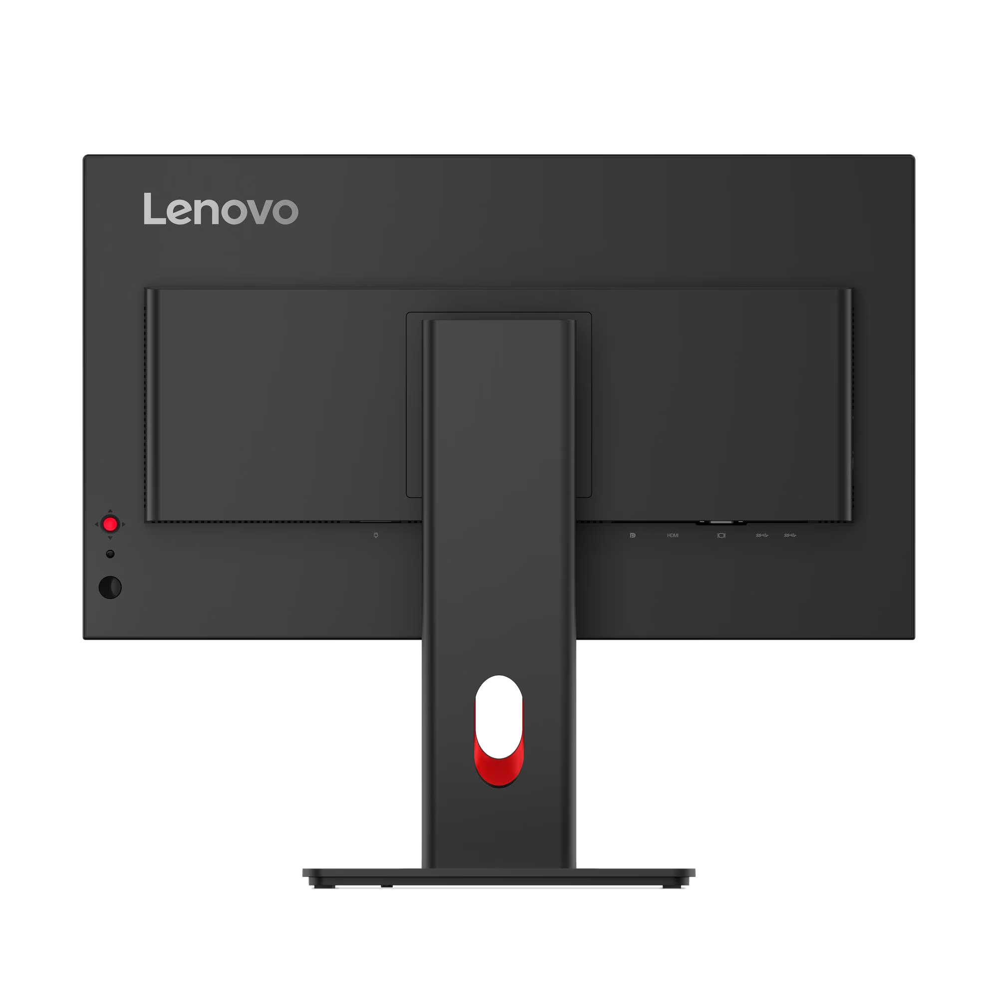 Se muestra la parte trasera de un monitor Lenovo negro. Indicador de encendido rojo y soporte con acento rojo.