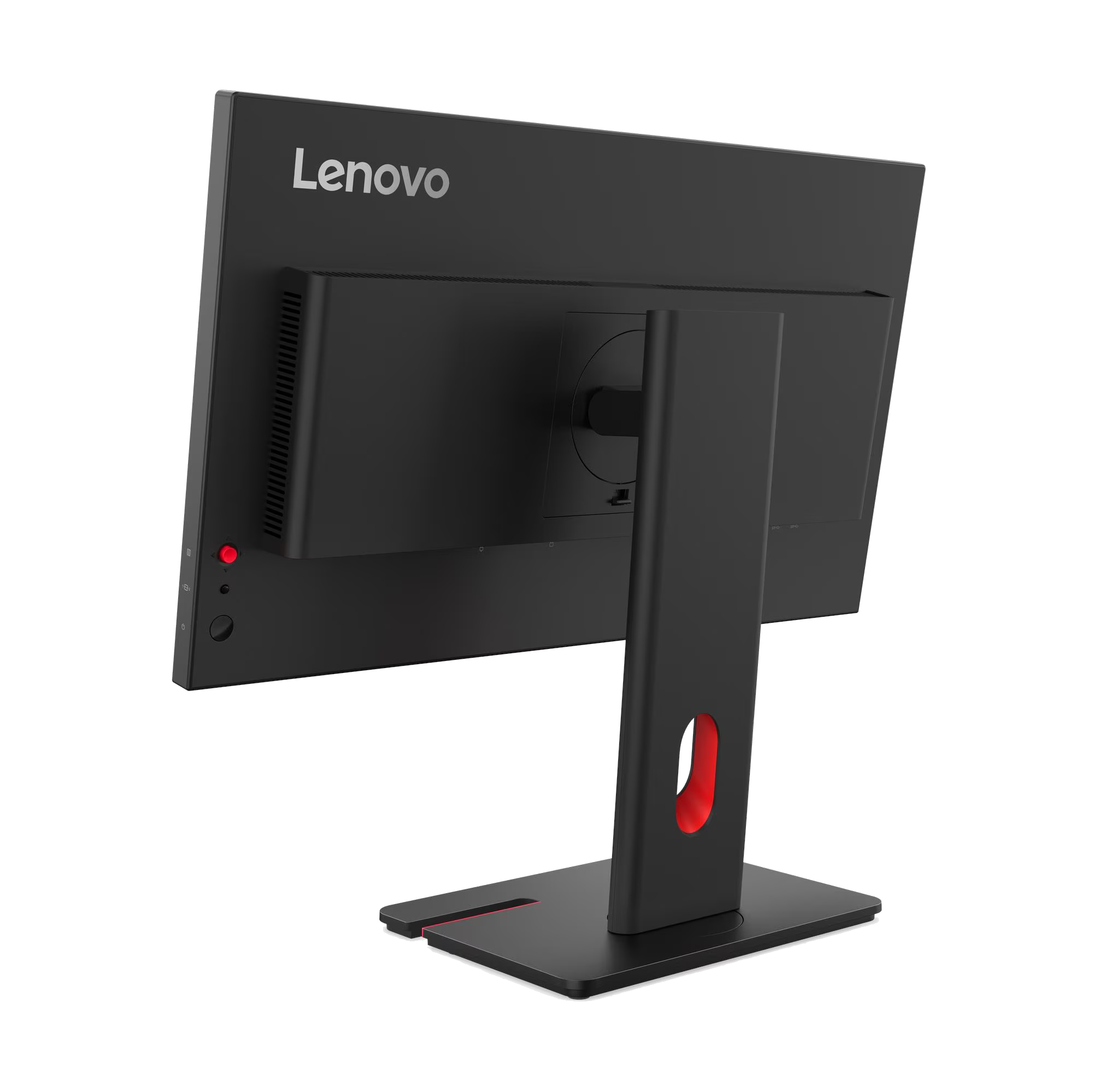 La parte trasera de un monitor Lenovo negro con un acento rojo en el soporte, sobre un fondo negro.