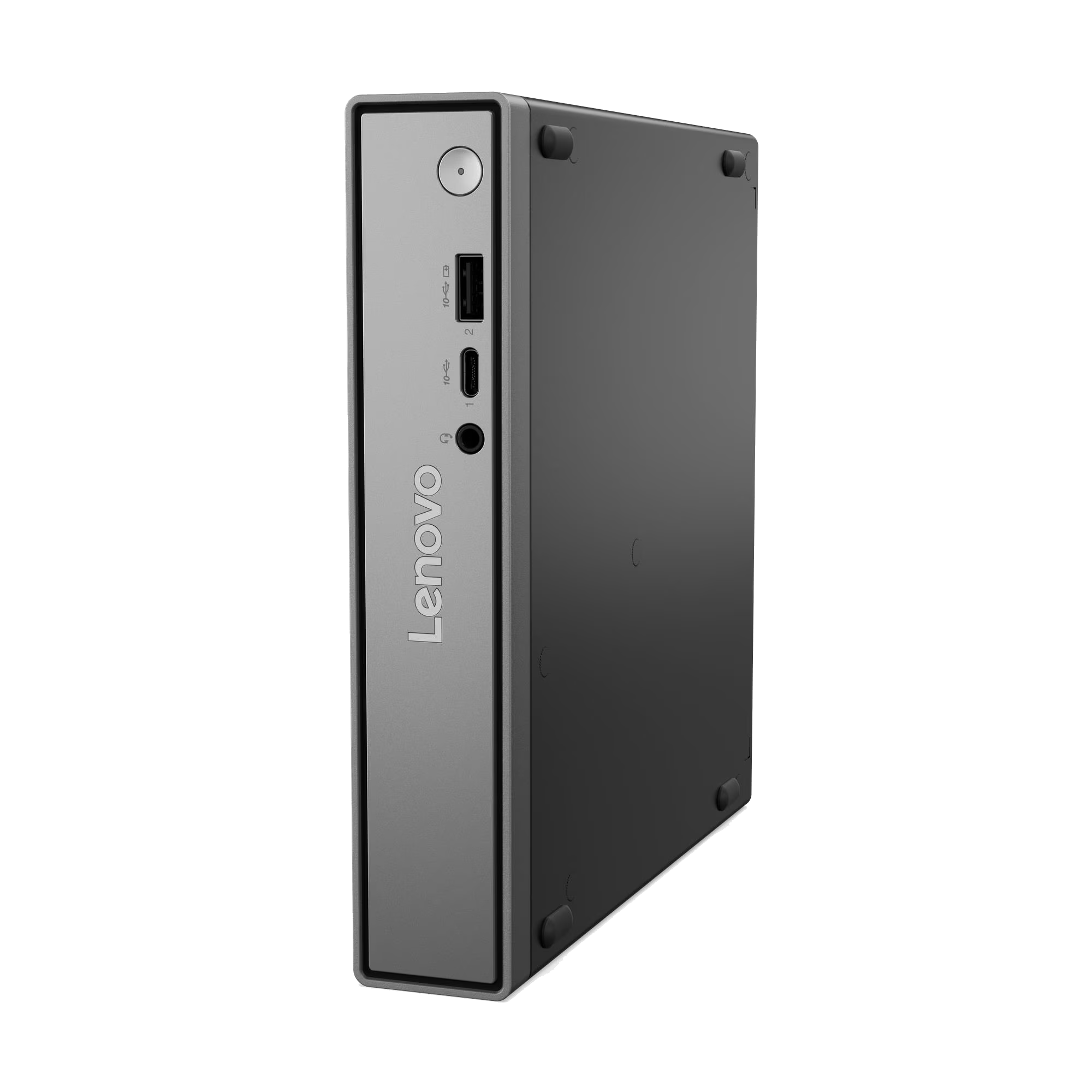 Un ordenador de sobremesa Lenovo gris sobre un fondo negro. Los puertos y el logotipo son visibles en la parte delantera. Es rectangular.