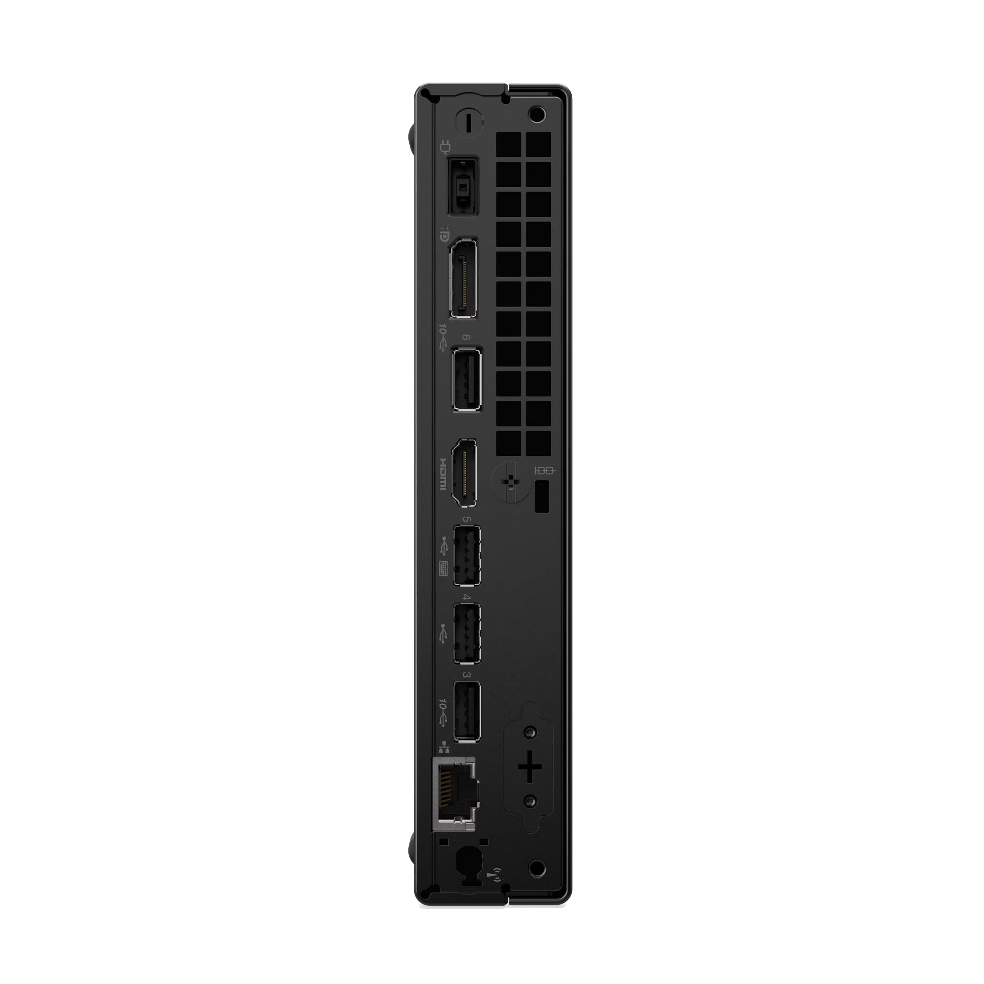 Vista lateral de torre de ordenador negra. Puertos: HDMI, USB y ethernet. Salidas de aire a la derecha. Fondo negro.